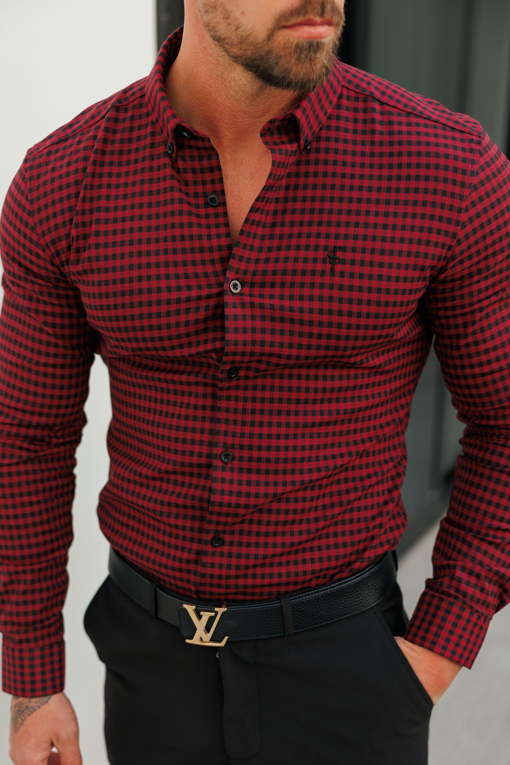 Super Slim Ultra Stretch Red & Black Check - FS473