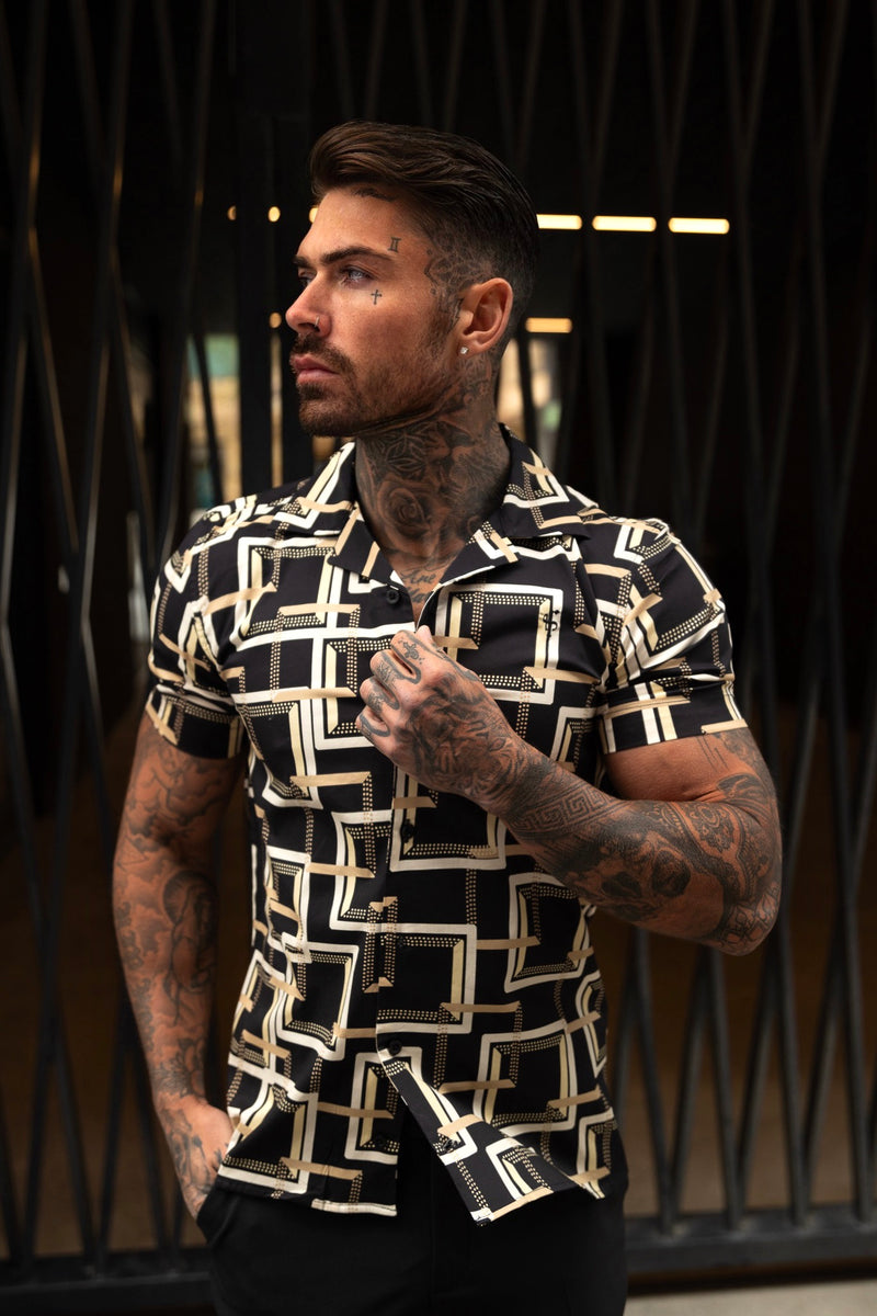 Father Sons Hawaiian Boxy Black / Cream Interlinked Square Print Stretch with Revere Collar Short Sleeve - FS997