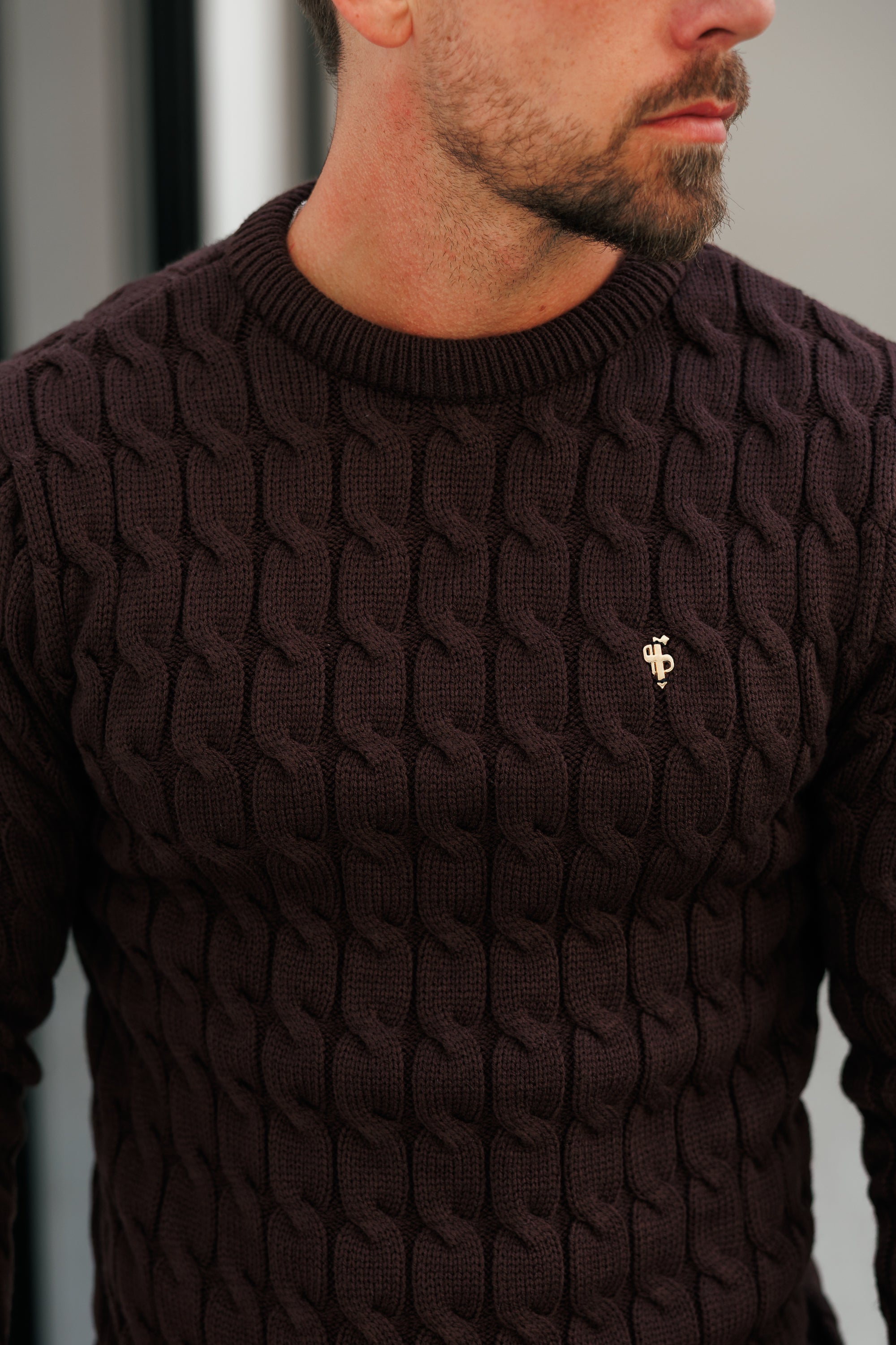 Link Weave Knit Brown Crew Neck Jumper - FSJ141