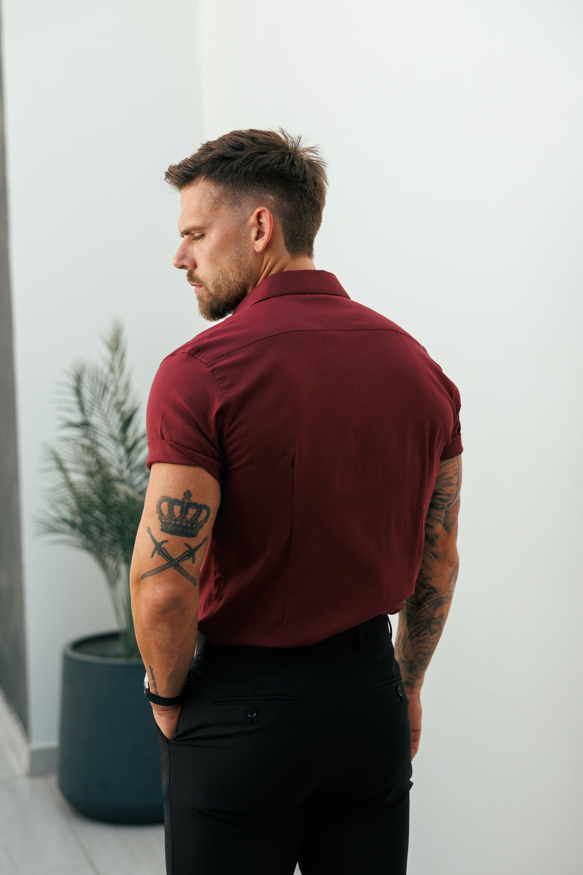 Classic Stretch Oxford Short Sleeve Oxblood / Burgundy with Button Down Collar - FS1213