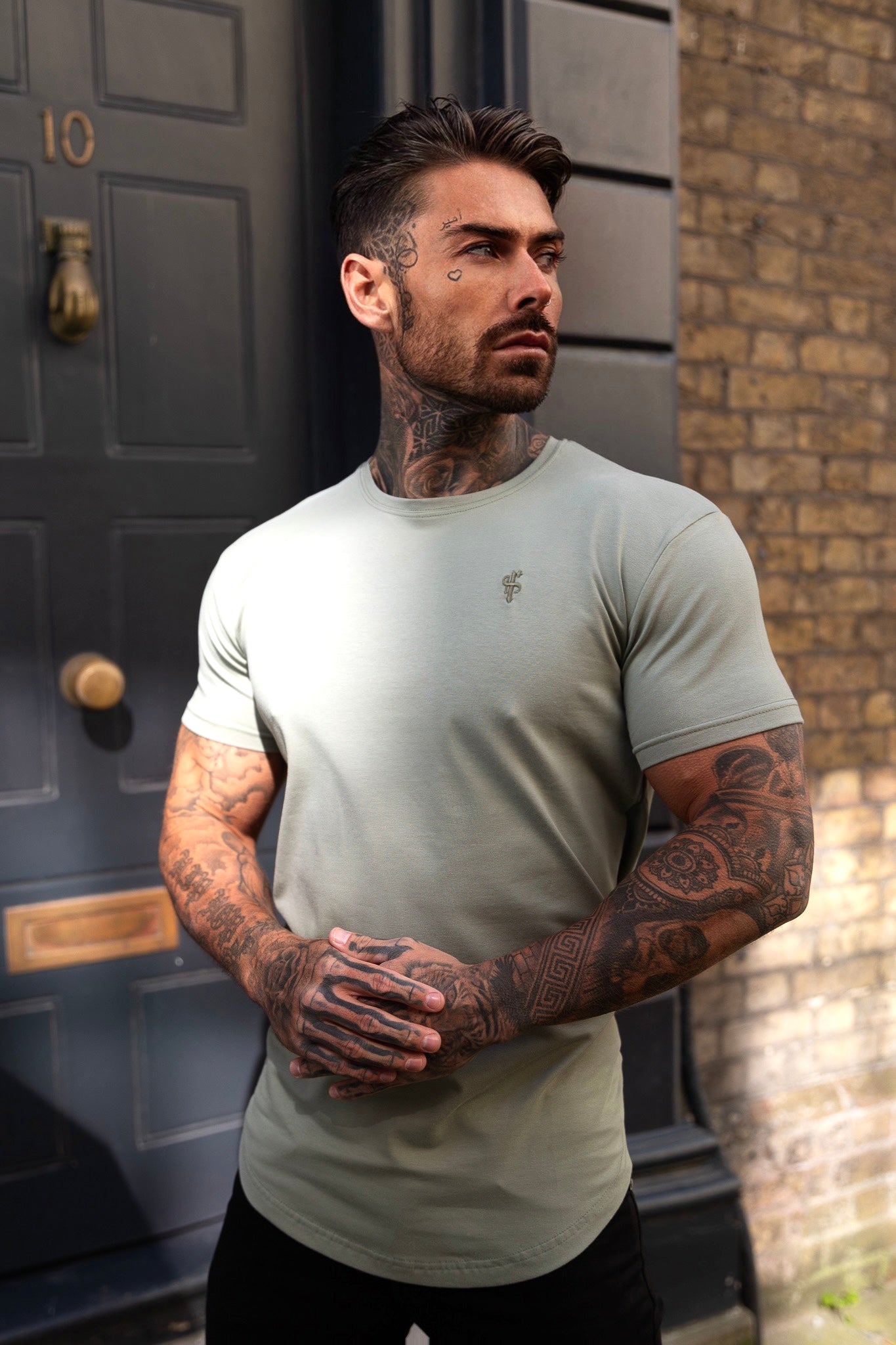 Classic Olive Tonal Curved Hem Crew T Shirt - FSH994