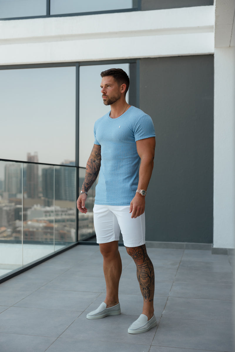 Father Sons Classic Light Blue / Silver Ribbed Knit Super Slim Short Sleeve Crew - FSH1087