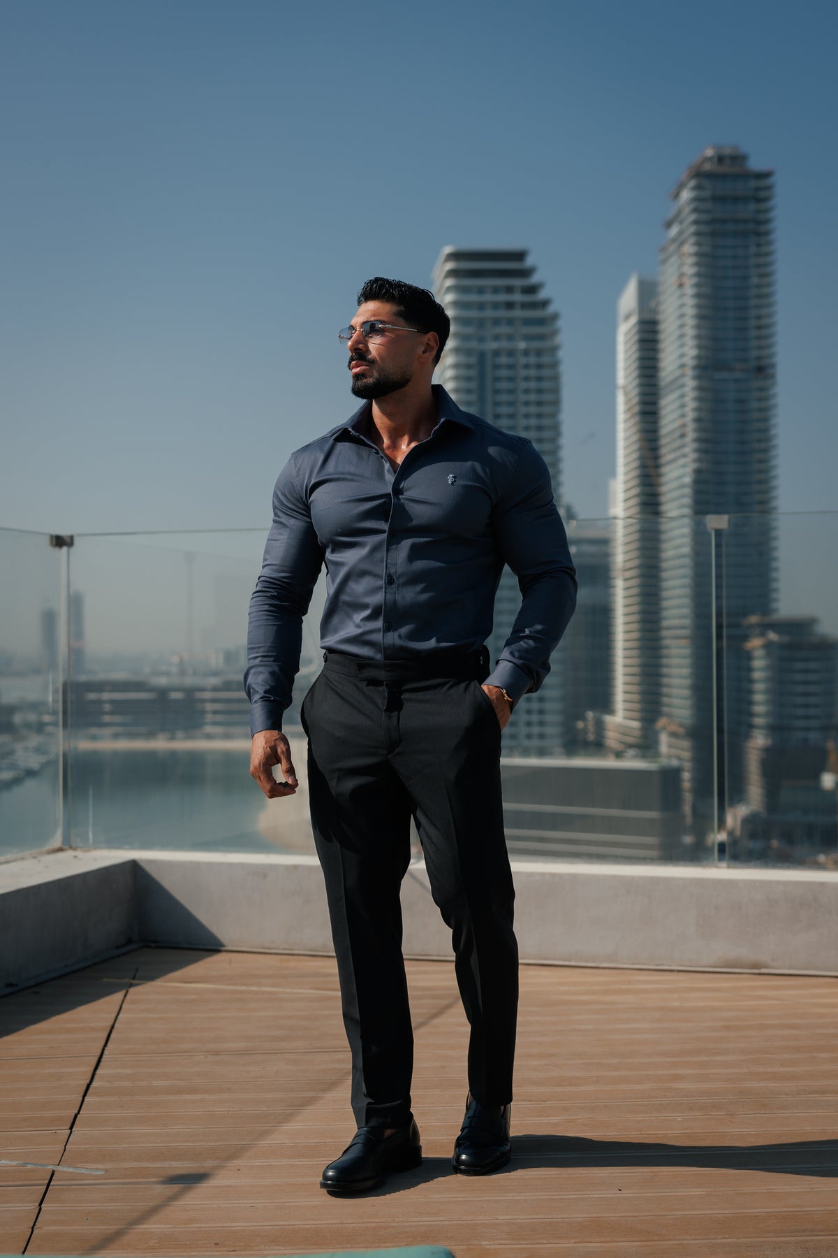 Super Slim Stretch Gunpowder Denim Long Sleeve with Silver Metal Decal and Cutaway Collar - FS1315