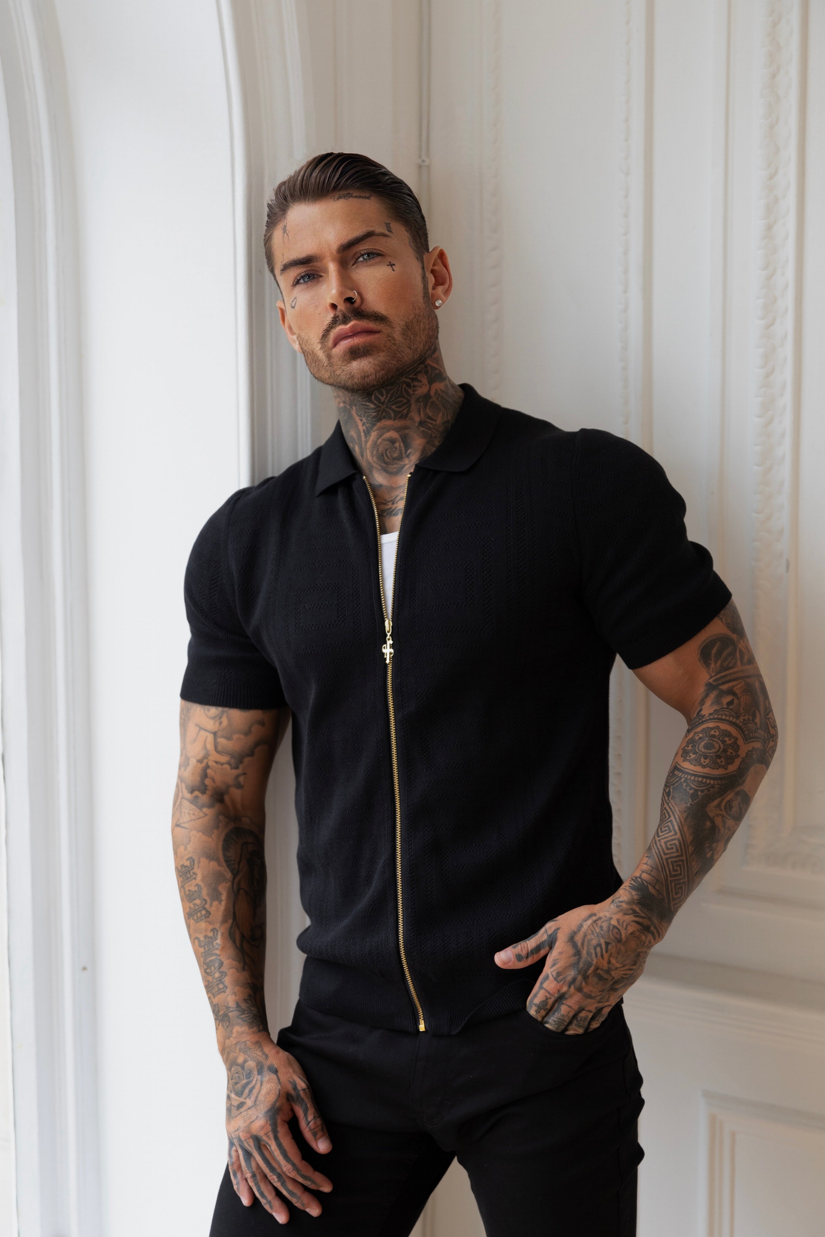 Classic Knitted Geo Design With Full Length Zip Black Short Sleeve - FSN147