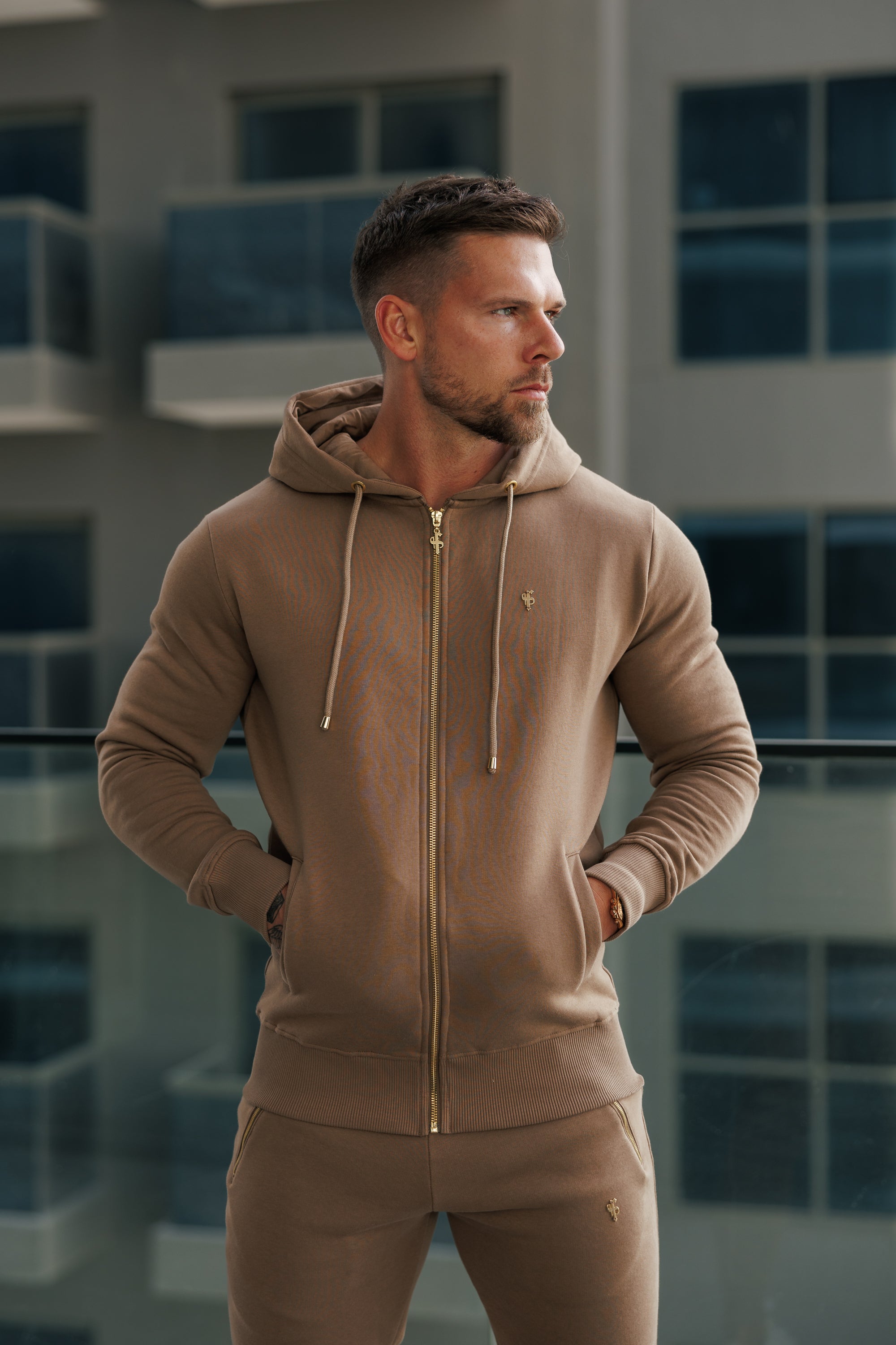 Taupe / Gold Full Zip Hoodie with Pockets - FSH1248