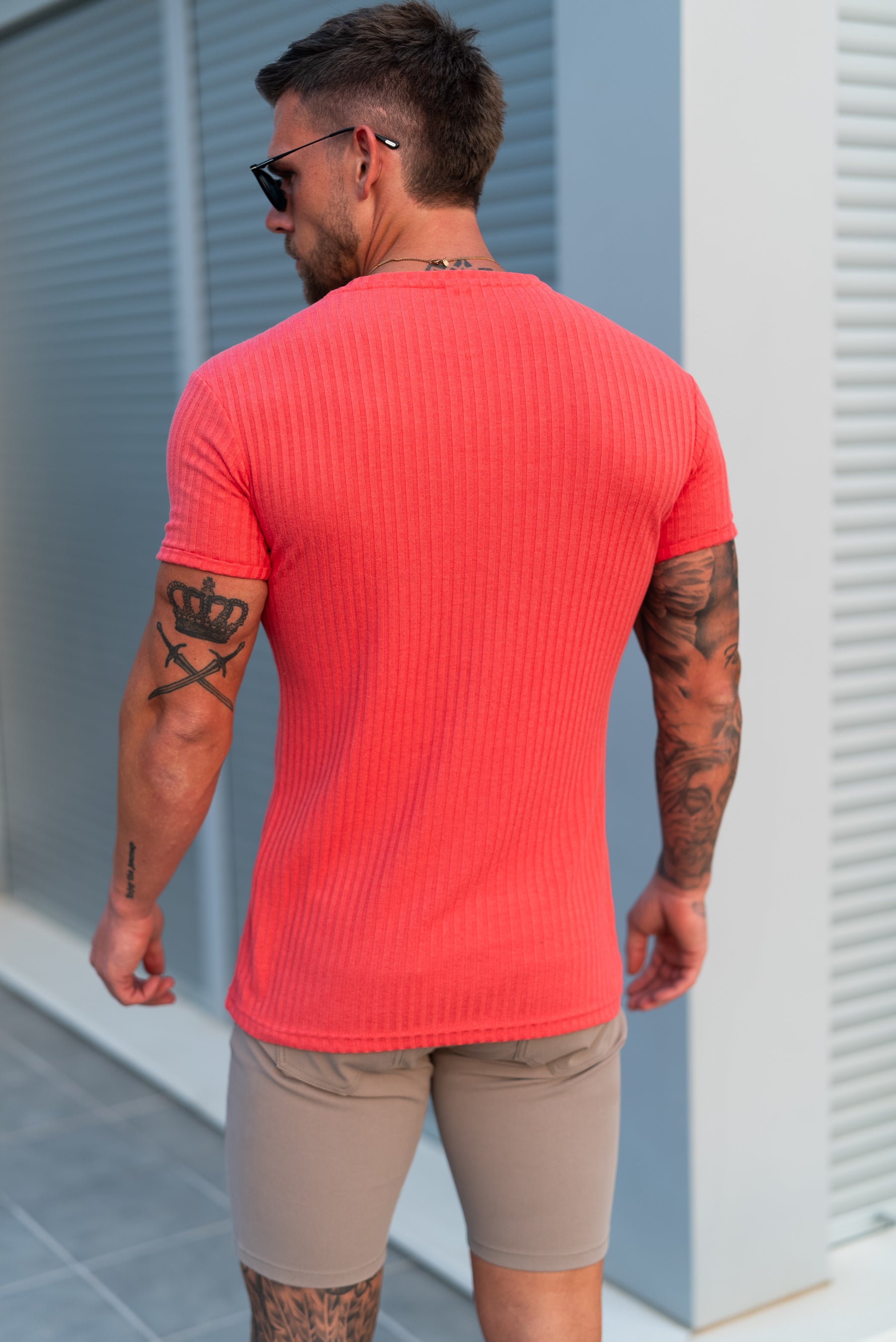 Super Slim Coral / Silver V Neck Ribbed Crew - FSH1365