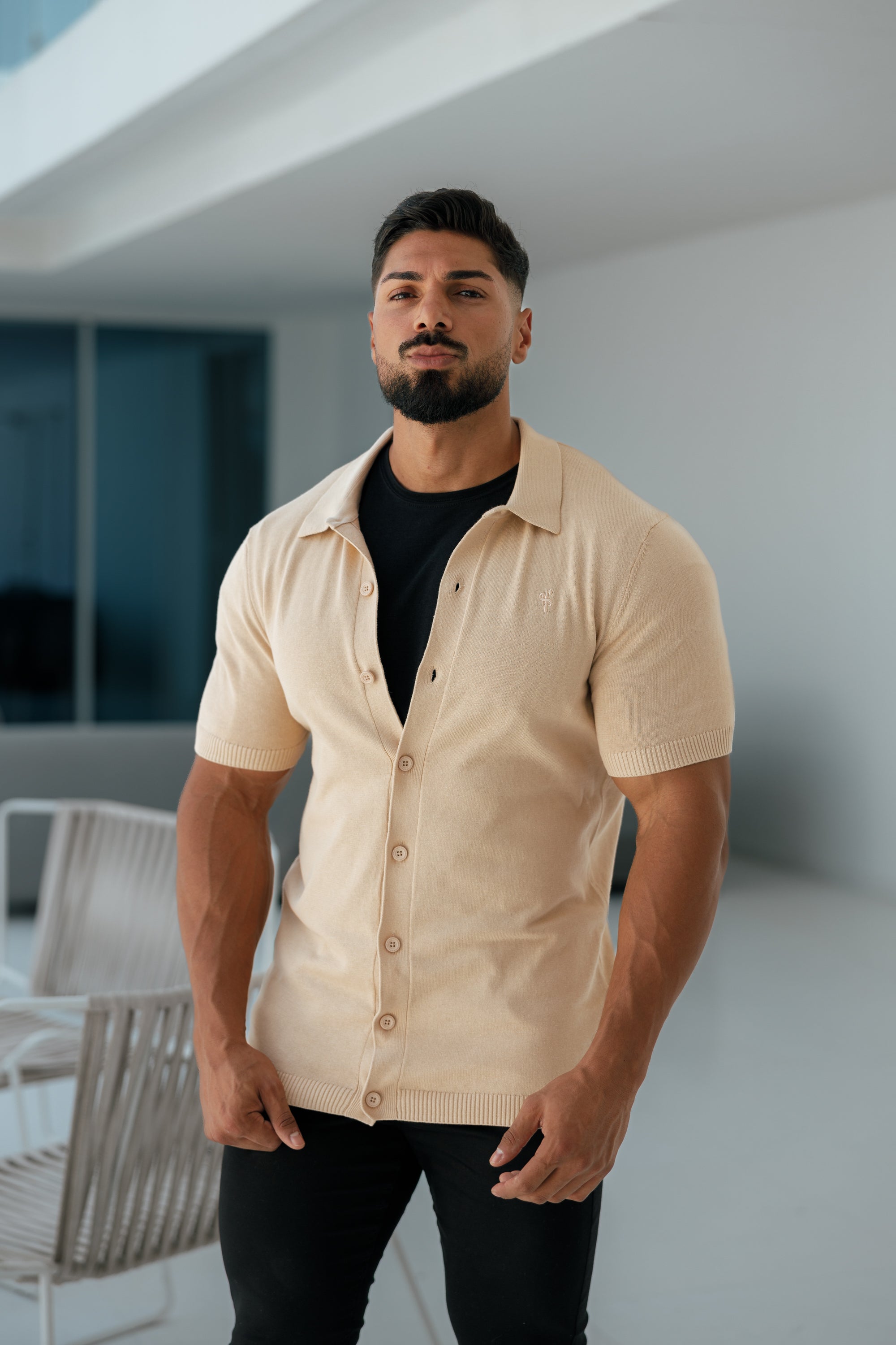 Classic Plain Beige Knitted Button Through Polo Short Sleeve - FSN104