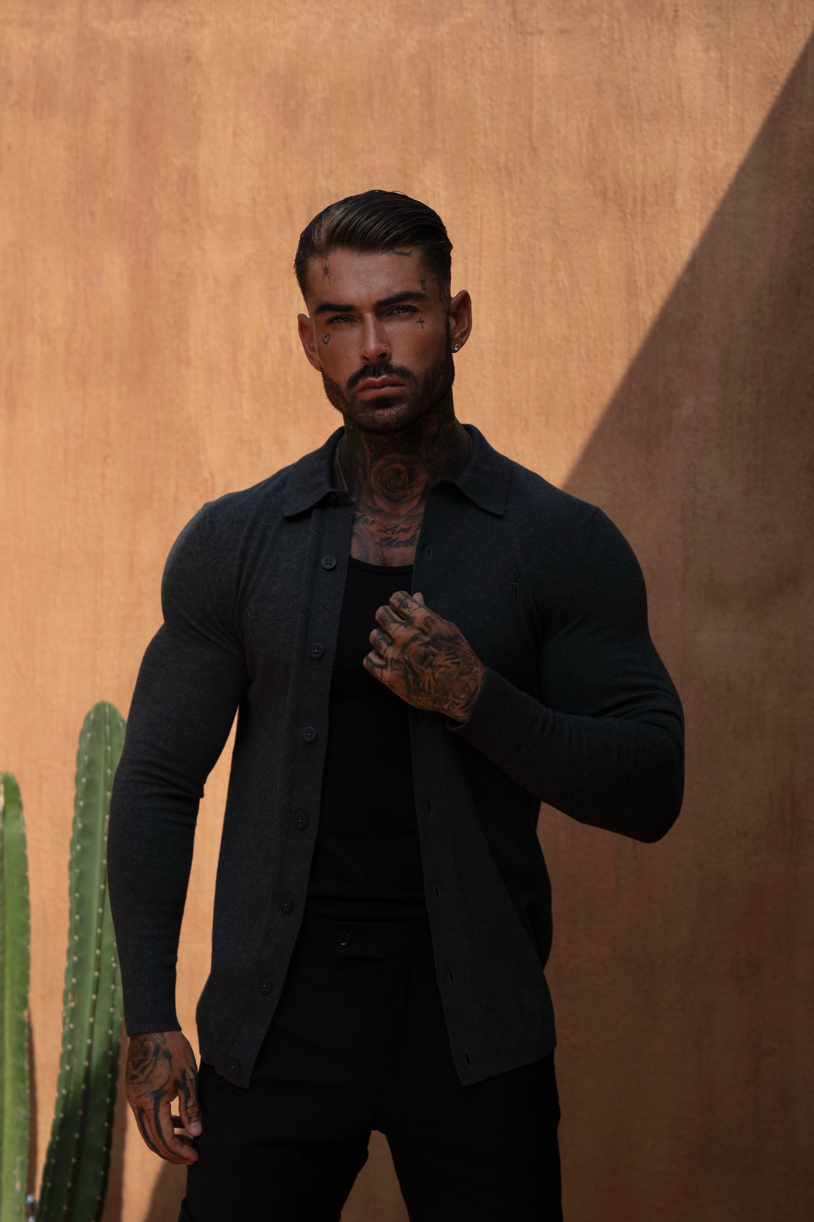 Classic Plain Charcoal Knitted Button Through Polo Long Sleeve - FSN168