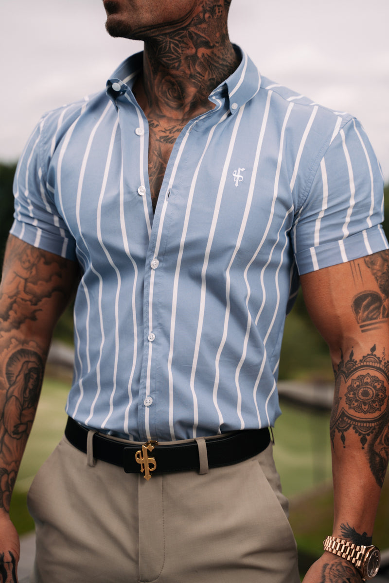 Father Sons Classic Mid Blue and White Large Woven Stripe Short Sleeve - FS978