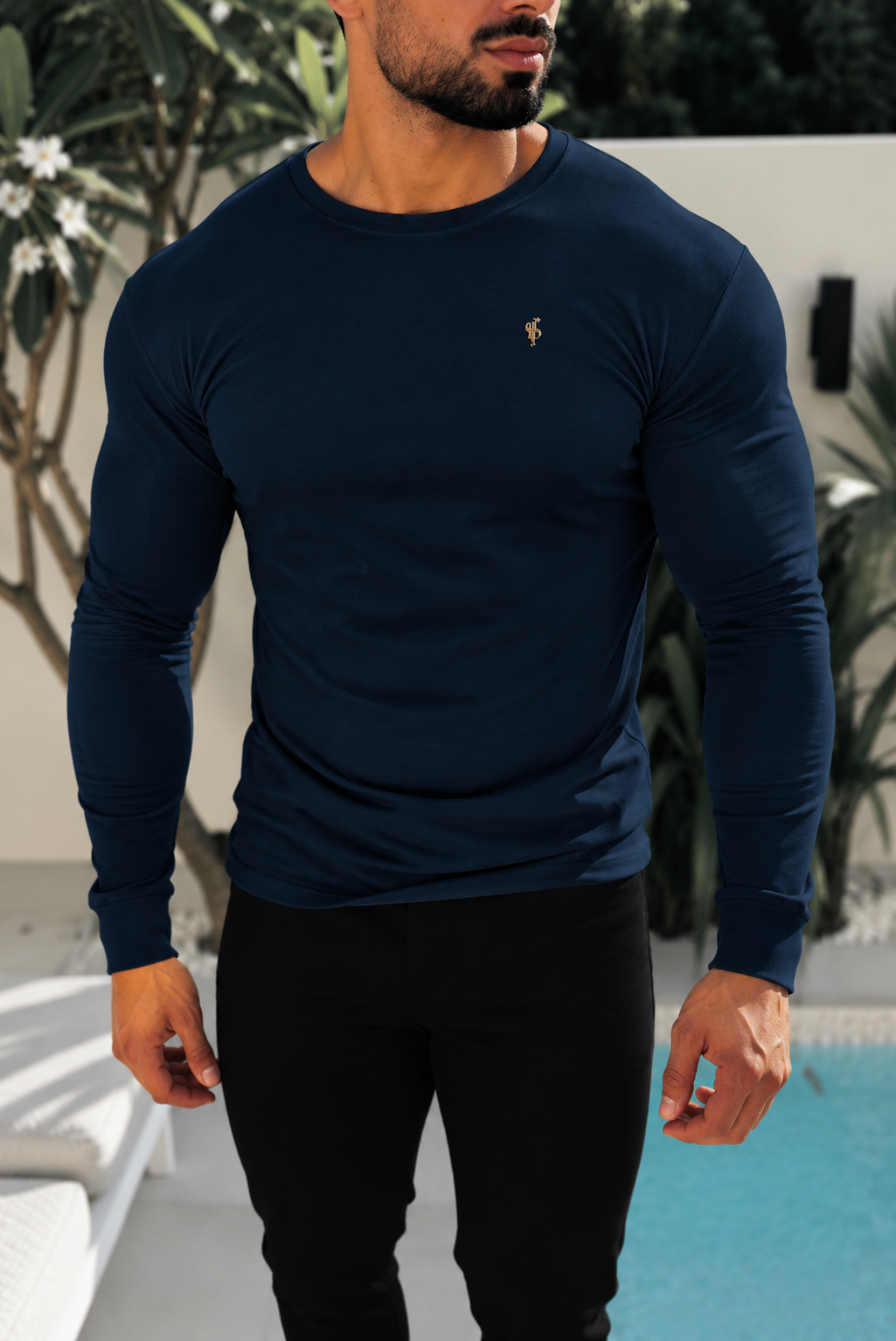 Navy / Gold Bamboo Crew T-Shirt Long Sleeve - FSH1680