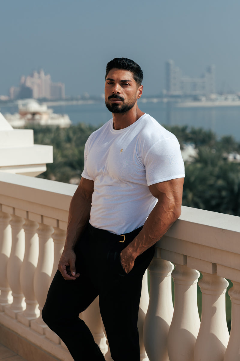 Father Sons Classic White Bamboo Crew with Gold Metal Emblem Decal FSH1381