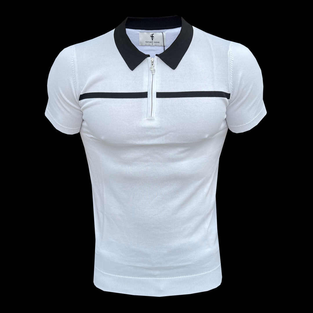 Classic White / Black Horizontal Stripe Zipped Polo Short Sleeve - FSN043