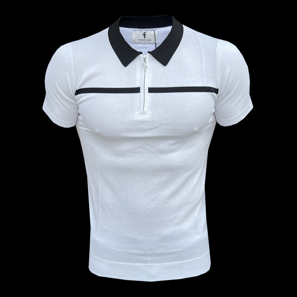 Father Sons Classic White / Black Horizontal Stripe Zipped Polo Short Sleeve - FSN043