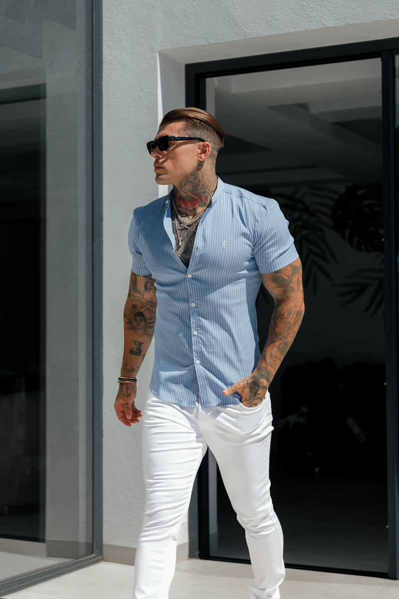 Father Sons Super Slim Stretch Light Blue Printed Pinstripe Short Sleeve with Grandad Collar - FS1060