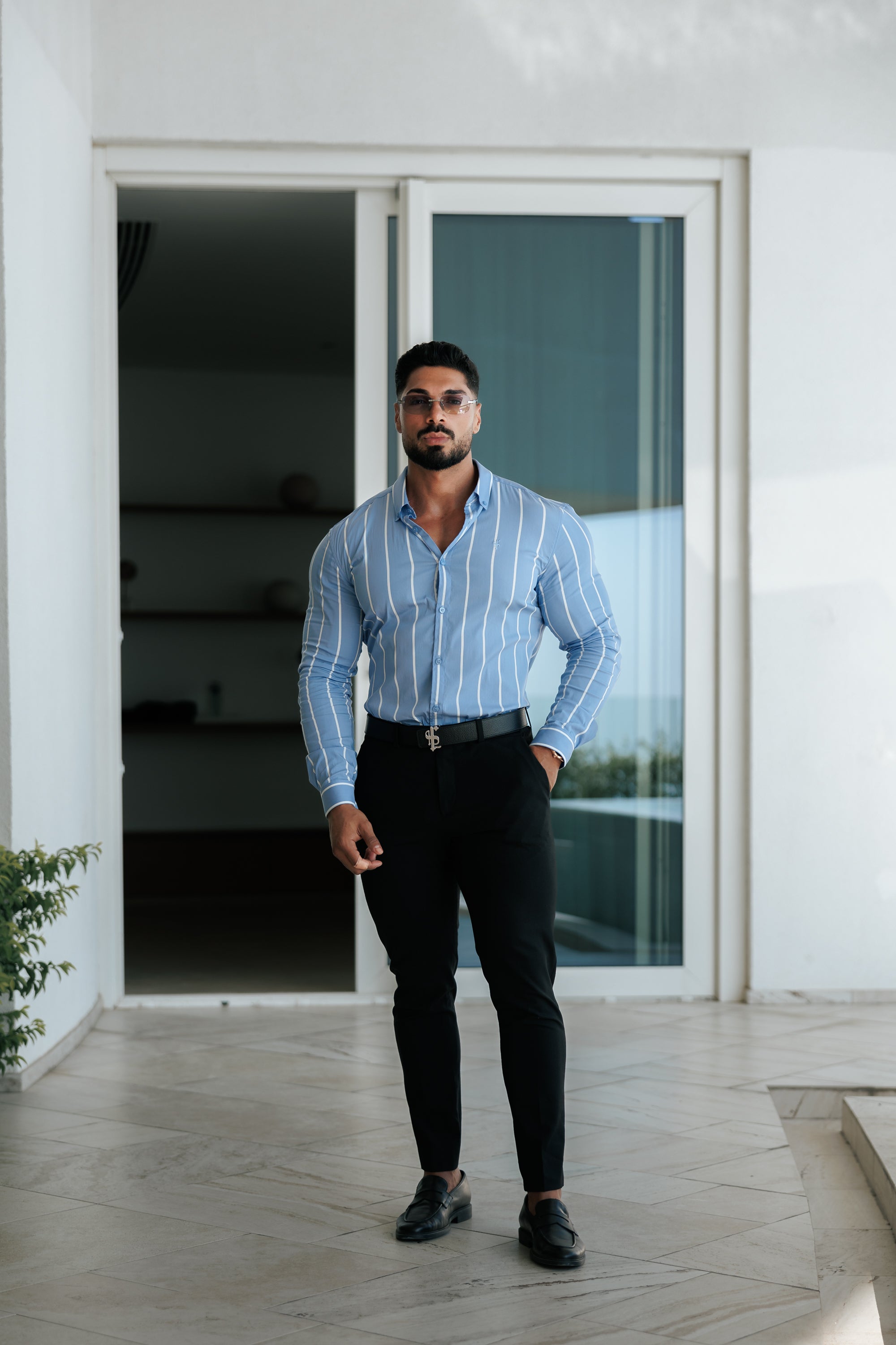 Super Slim Stretch Blue Printed Wide Stripe Long Sleeve with Button Down Collar - FS1053