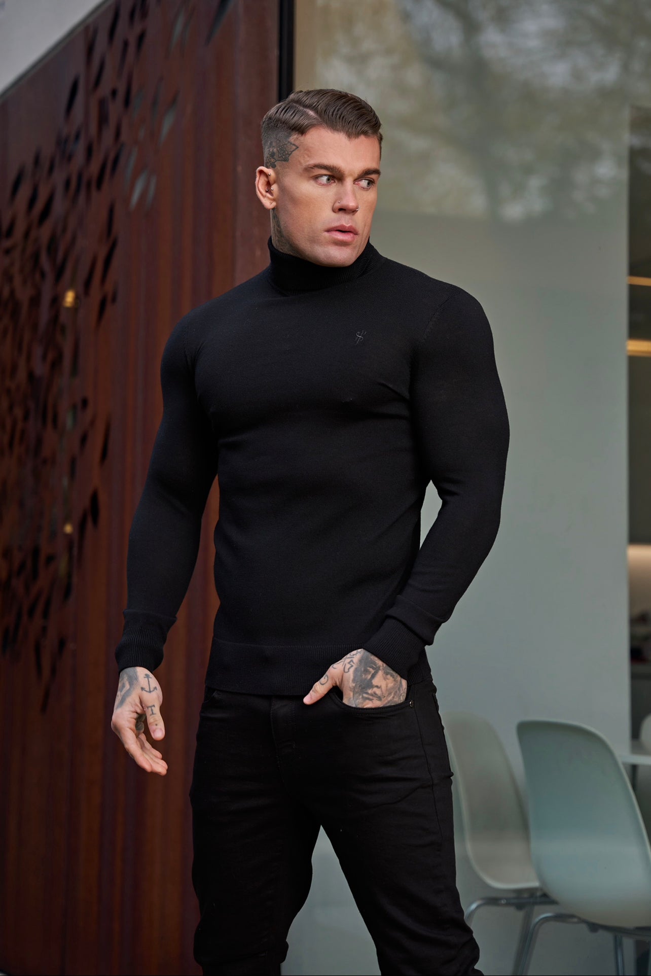 Classic Black Roll Neck Knitted Jumper With Tonal Emblem - FSN135