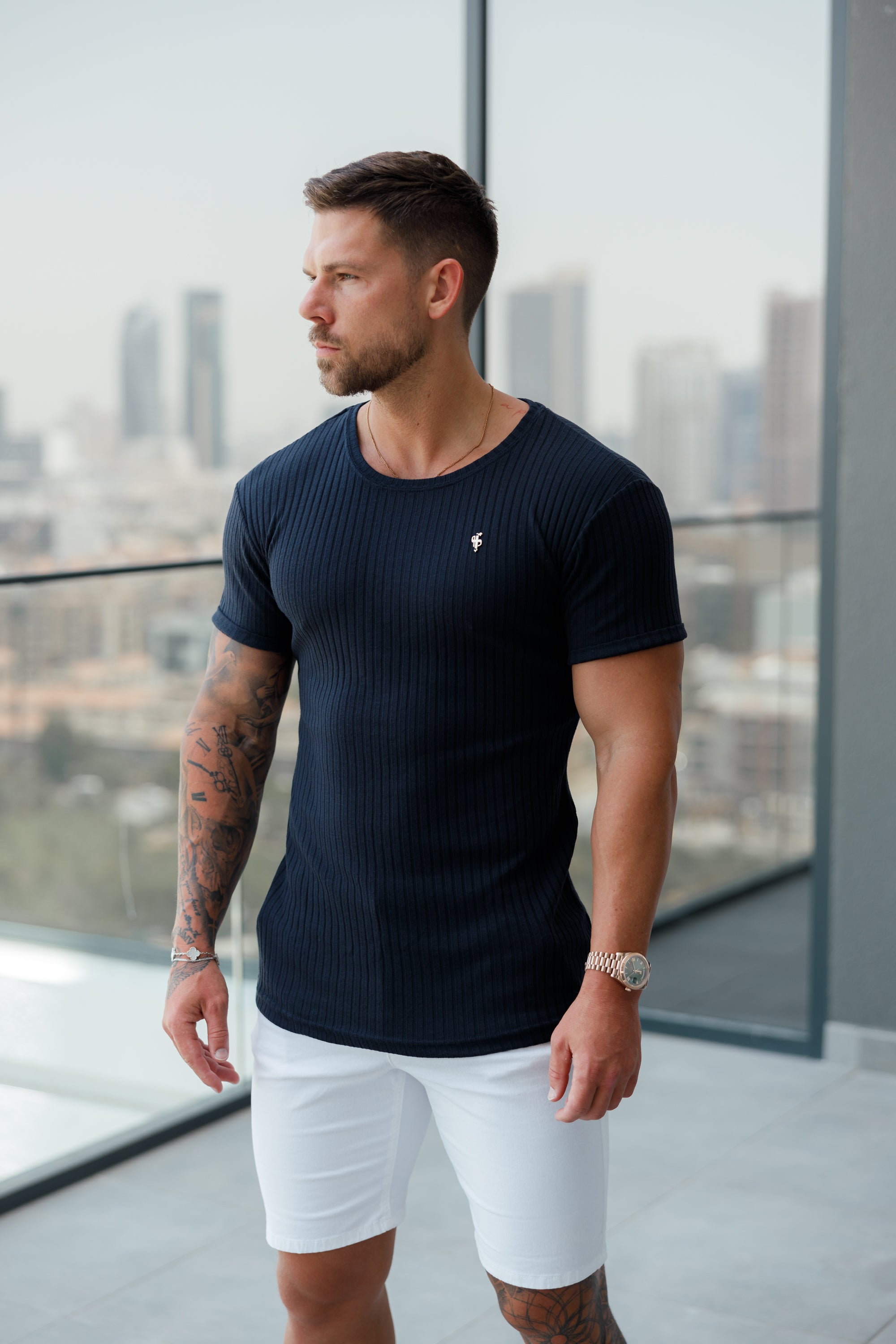 Classic White / Gold Ribbed Knit Super Slim Short Sleeve Crew - Gold Decal