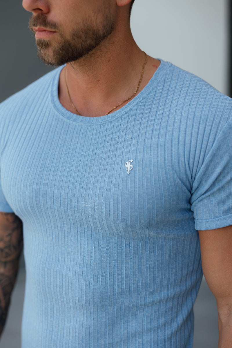 Father Sons Classic Light Blue / Silver Ribbed Knit Super Slim Short Sleeve Crew T-Shirt - FSH1087