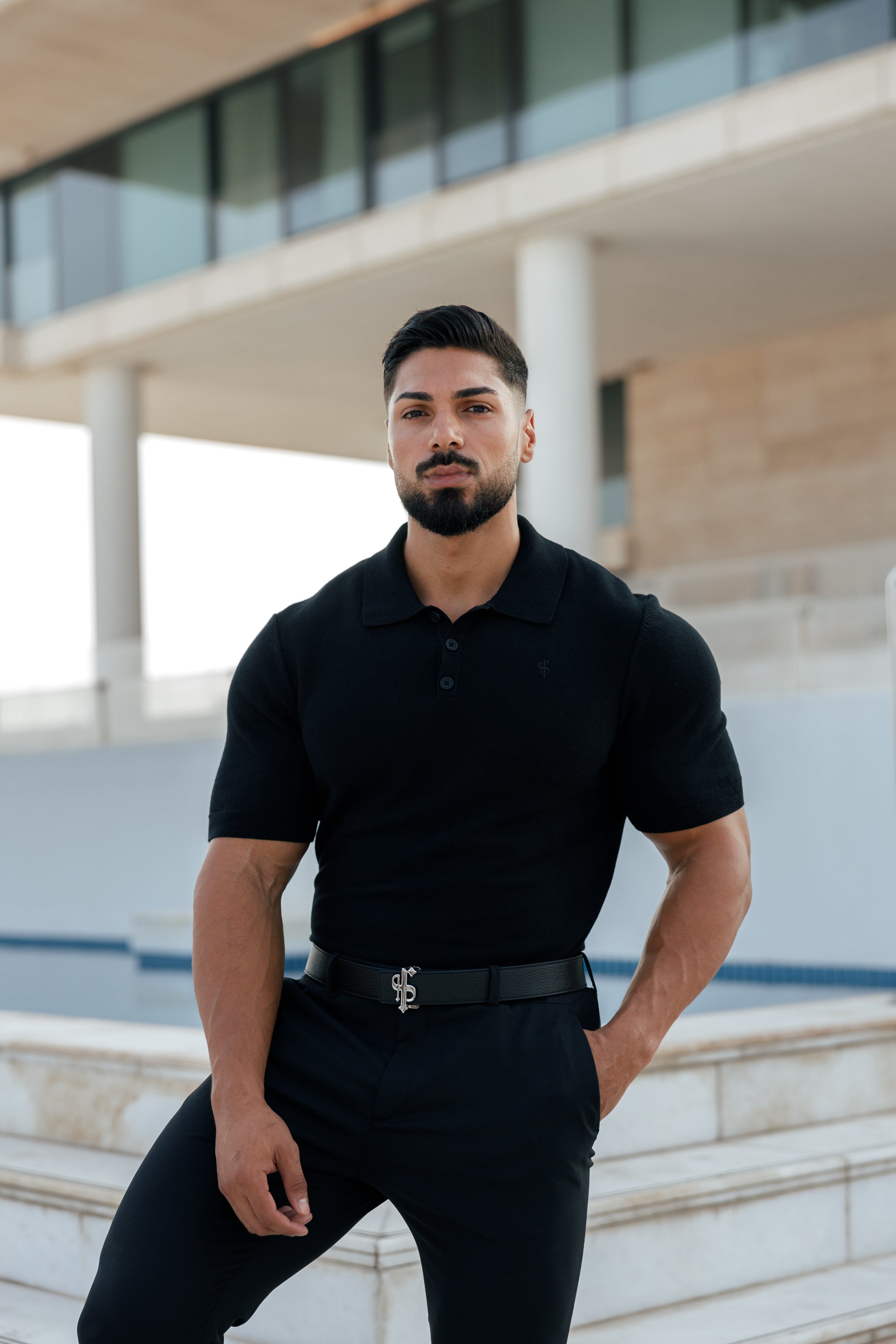 Classic Plain Black Knitted Polo Short Sleeve - FSN108