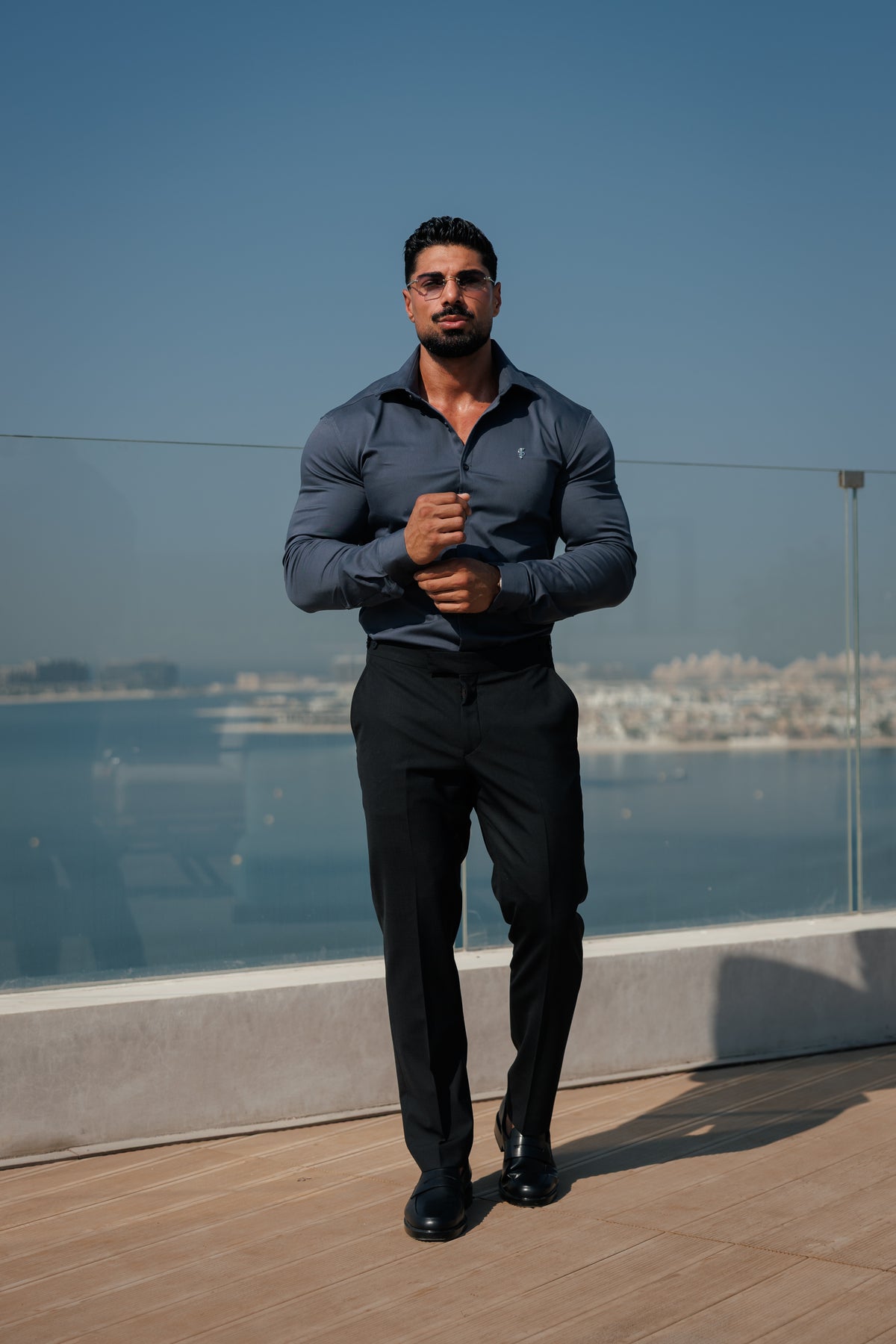 Super Slim Stretch Gunpowder Denim Long Sleeve with Silver Metal Decal and Cutaway Collar - FS1315