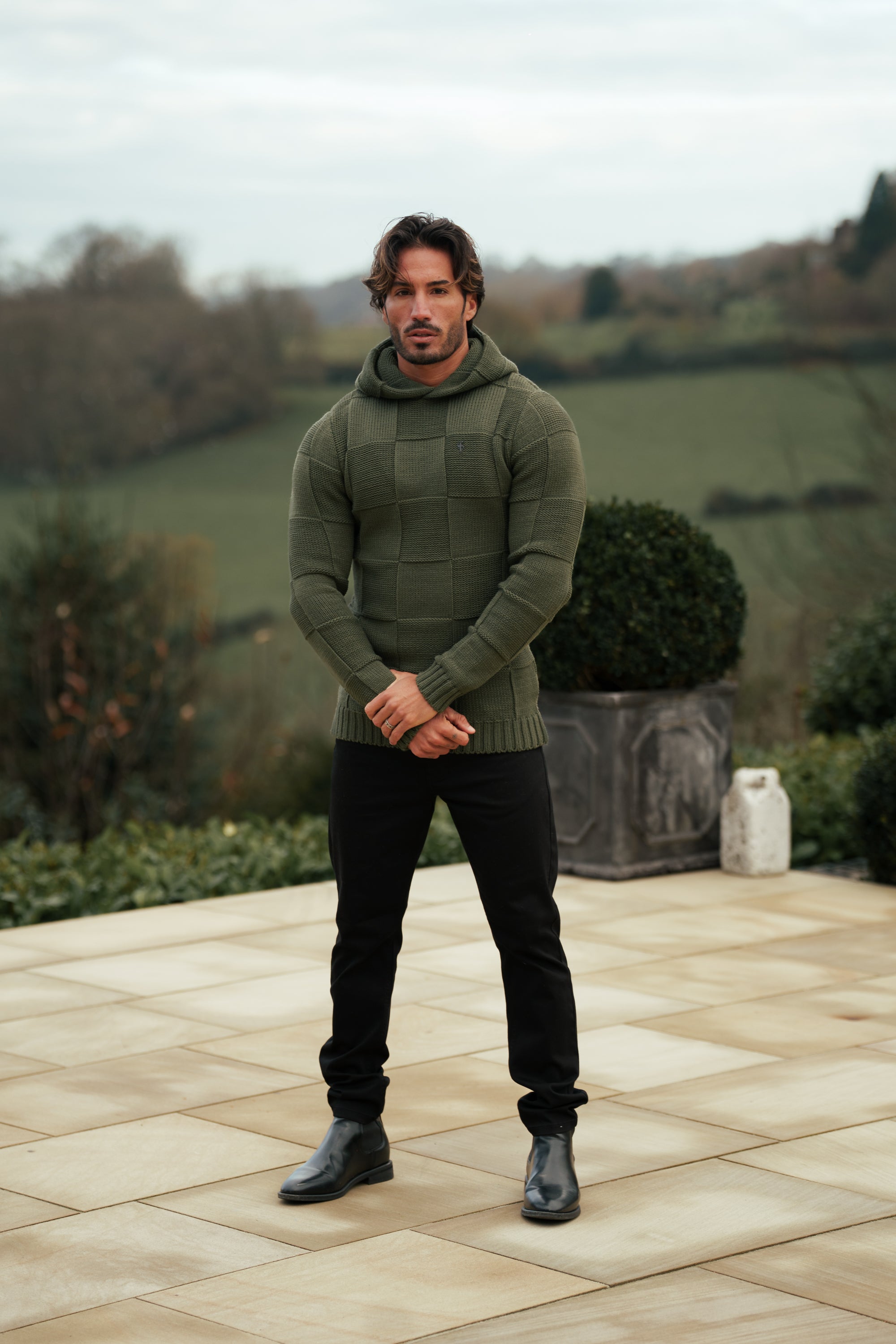 Olive Checkerboard Knitted Hoodie - FSJ137