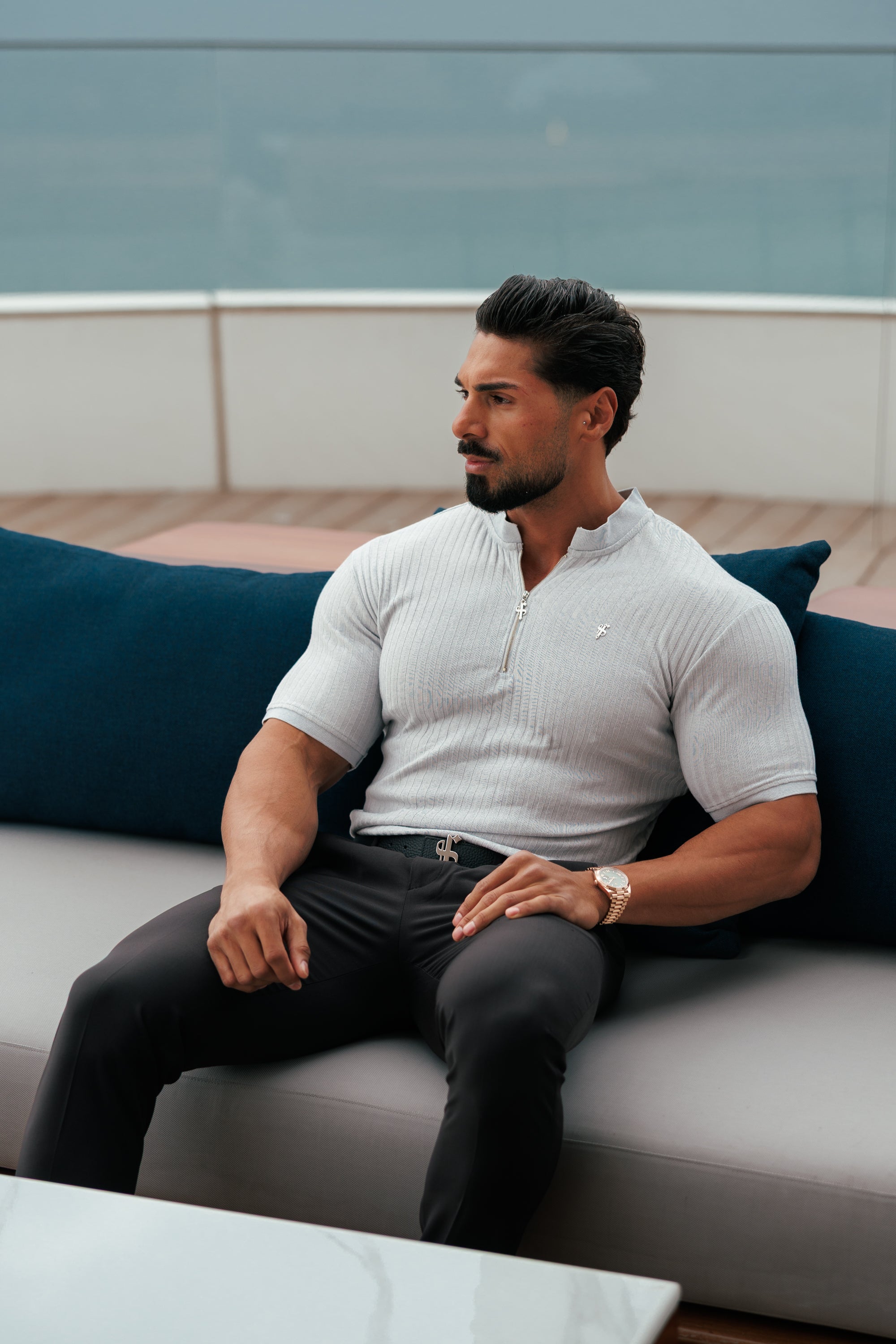 Classic Light Grey / Silver Ribbed Zip Grandad Collar Shirt Short Sleeve - FSH1449