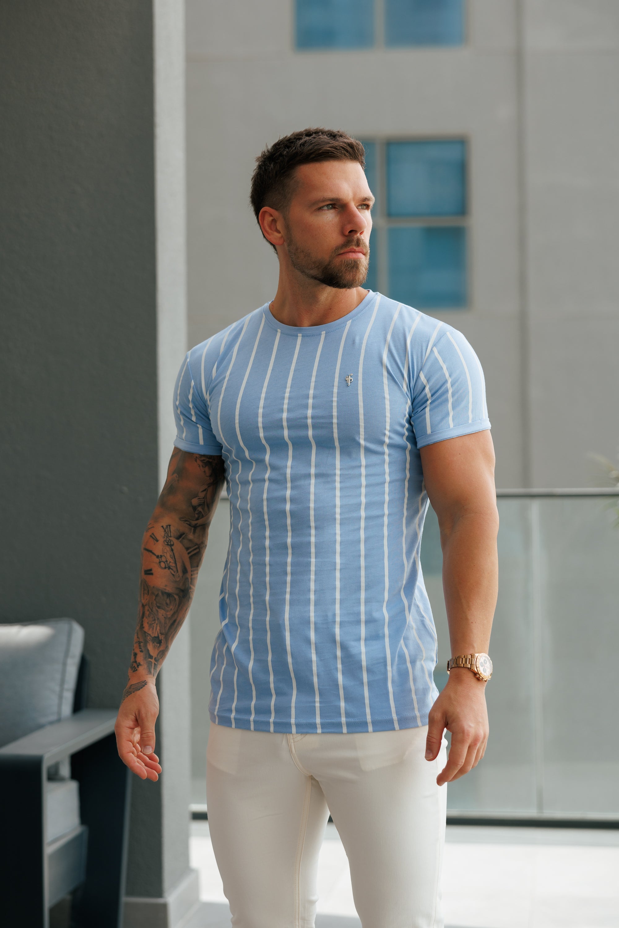 Printed Light Blue / White Stripe Fitted T Shirt - FSH1169