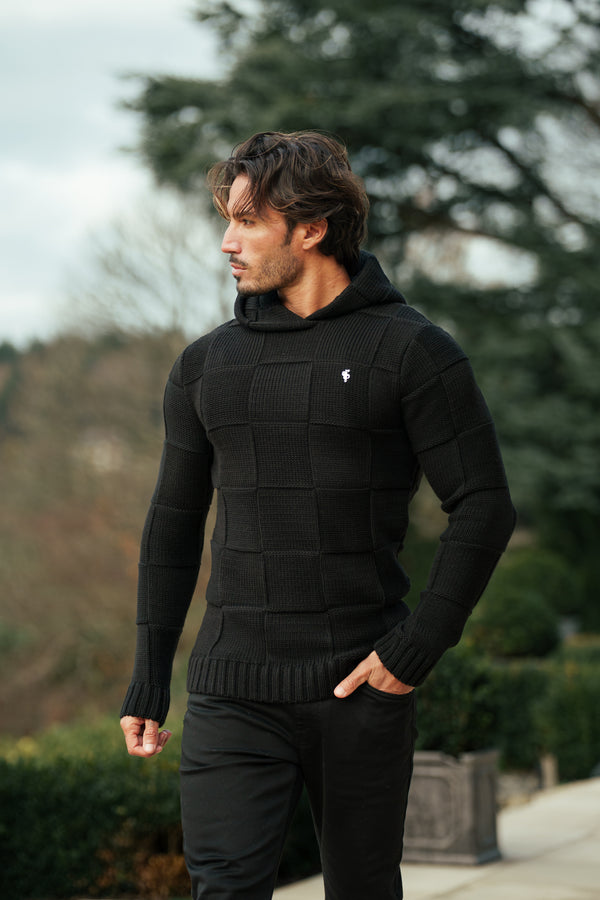 Father Sons Black Checkerboard Knitted Hoodie - FSJ135 (PRE ORDER 11TH DECEMBER)
