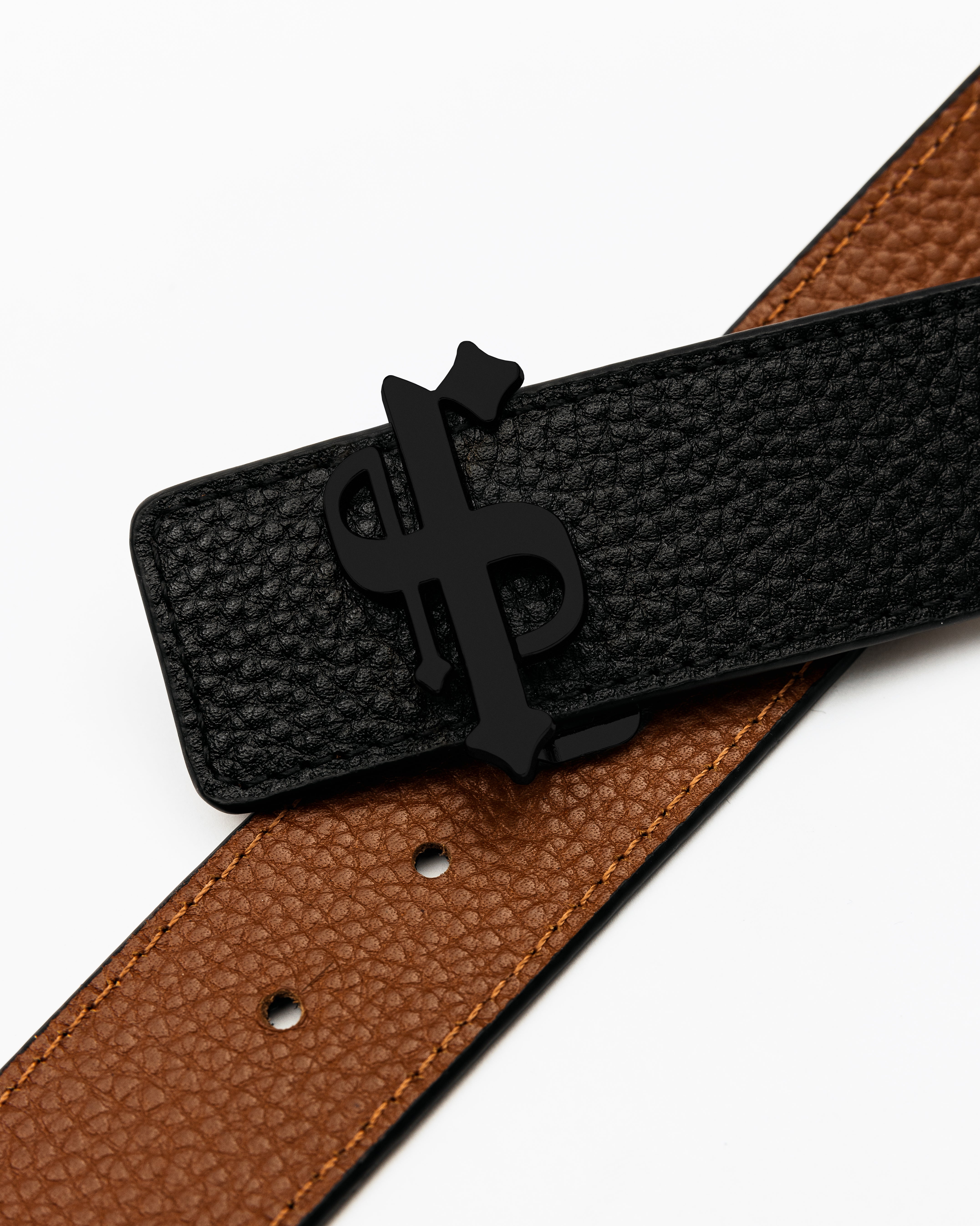 Black / Tan Leather Reversible Belt with Matt Black FS Buckle - FSBELT003
