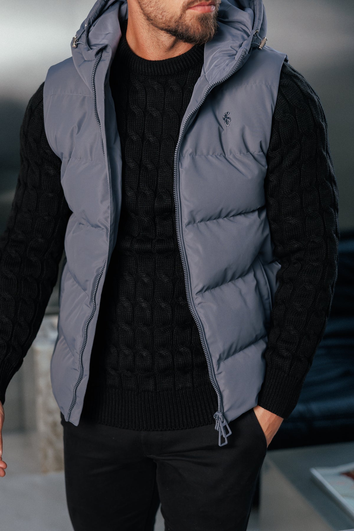 Charcoal Padded Hooded Gilet - FSN241 (PRE ORDER 24TH OCTOBER)