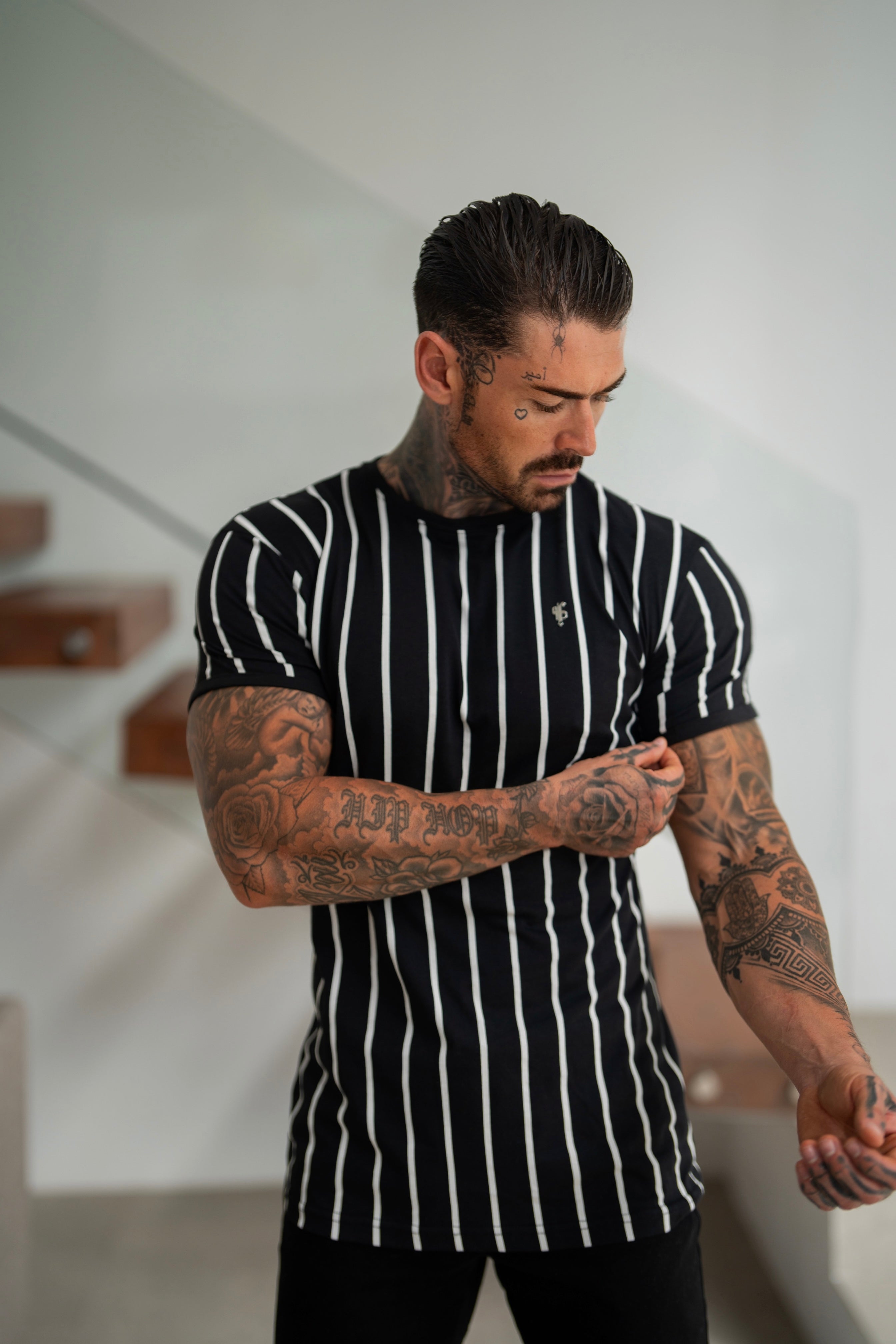 Printed Black / White Stripe Fitted T Shirt - FSH1167