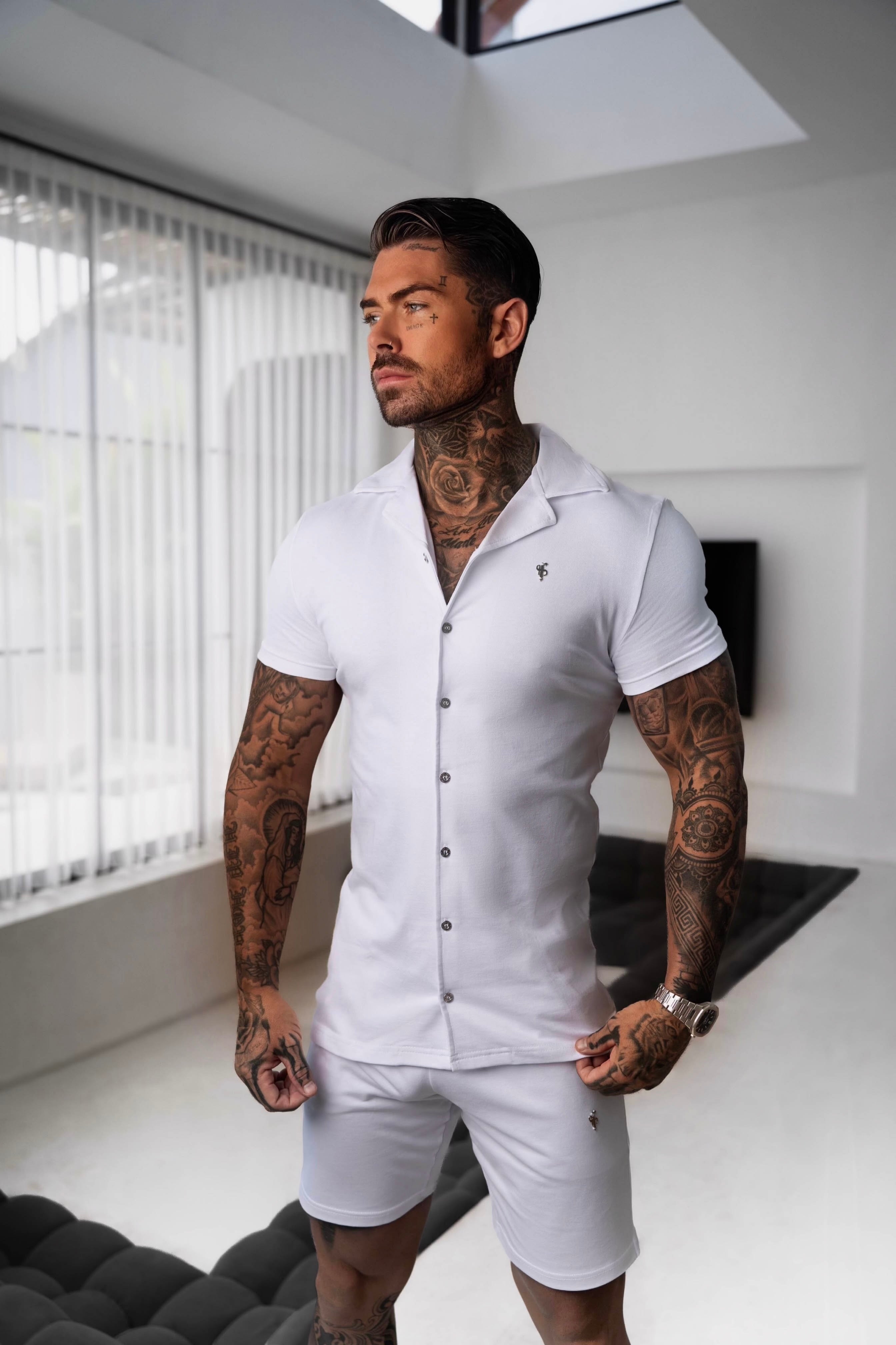 Stretch White / Silver Pique Revere Shirt Short Sleeve - FSH1356