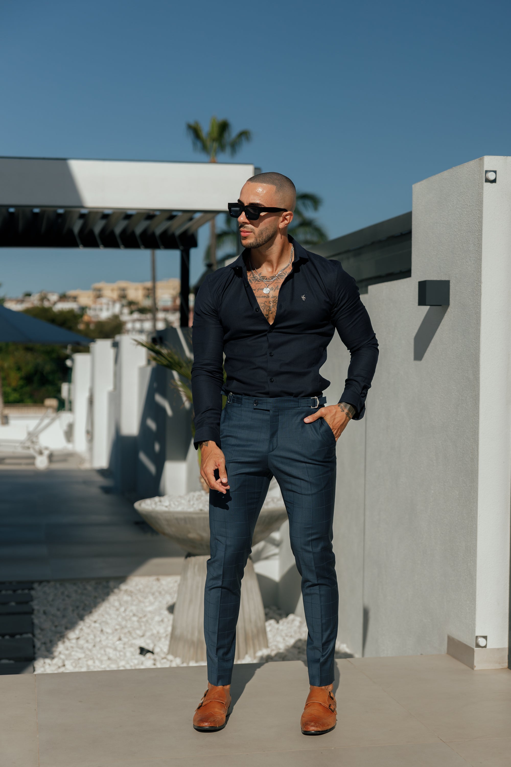 Slim Formal Navy Self Check Stretch Trousers with Side Adjusters - FST030