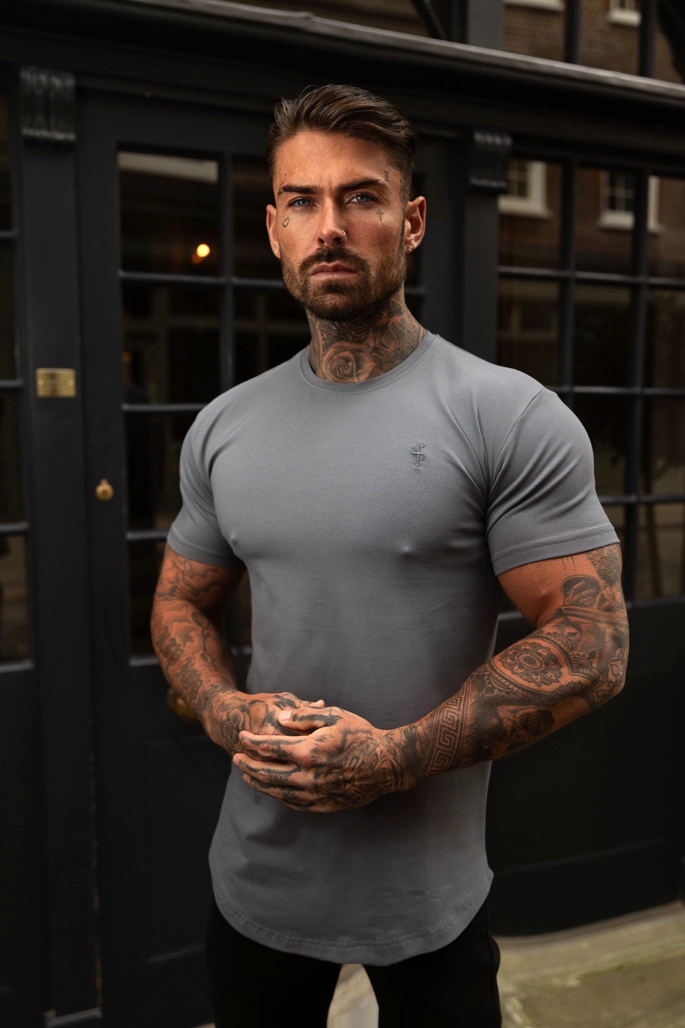 Classic Charcoal Tonal Curved Hem Crew T Shirt - FSH993