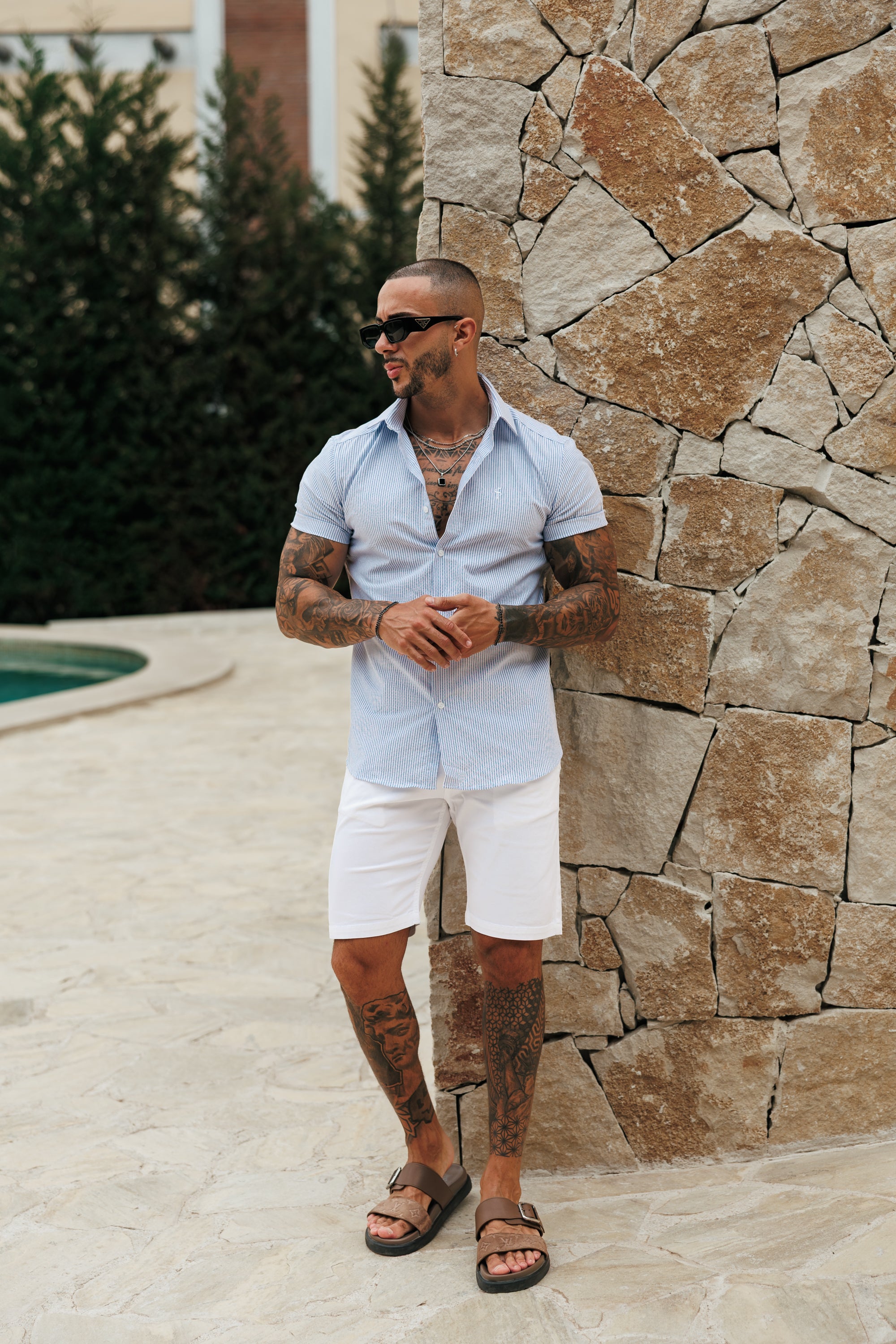 Classic Oxford Short Sleeve White / Blue Stripe with Cutaway Collar - FS1259