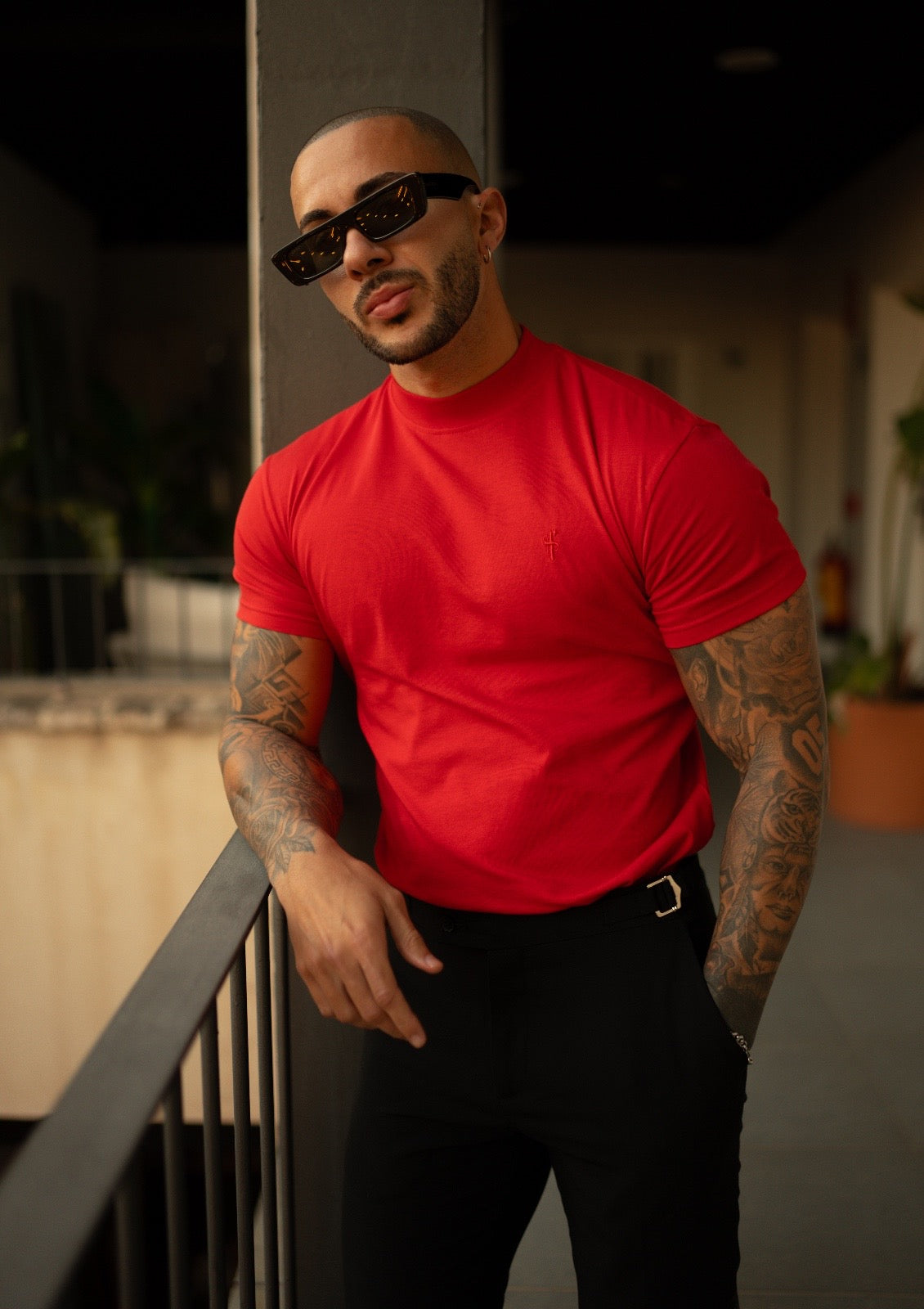 Ribbed High Neck Crew Short Sleeve Red - FSH1138