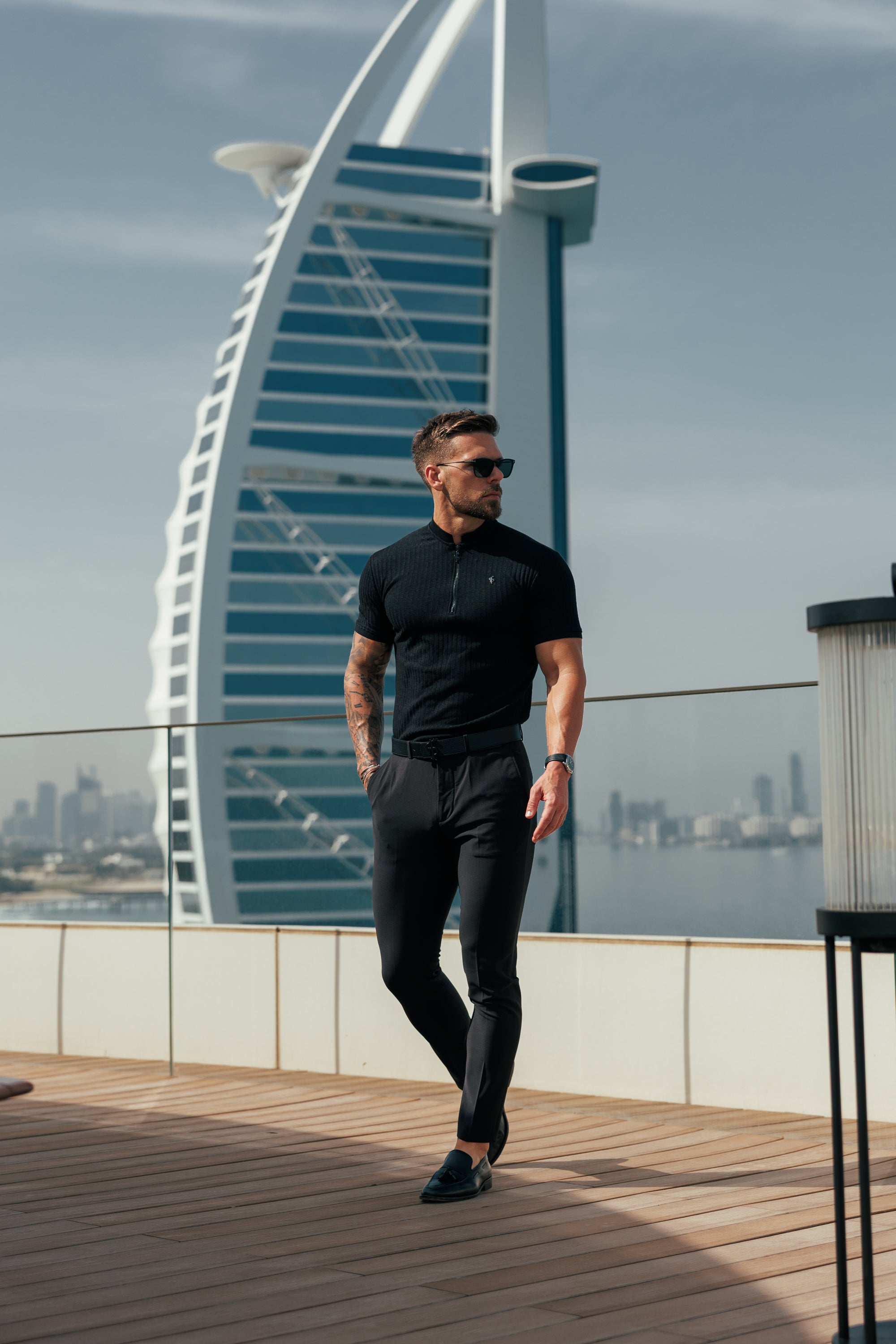 Super Slim Black / Black Ribbed Zip Grandad Collar Shirt Short Sleeve - FSH1446