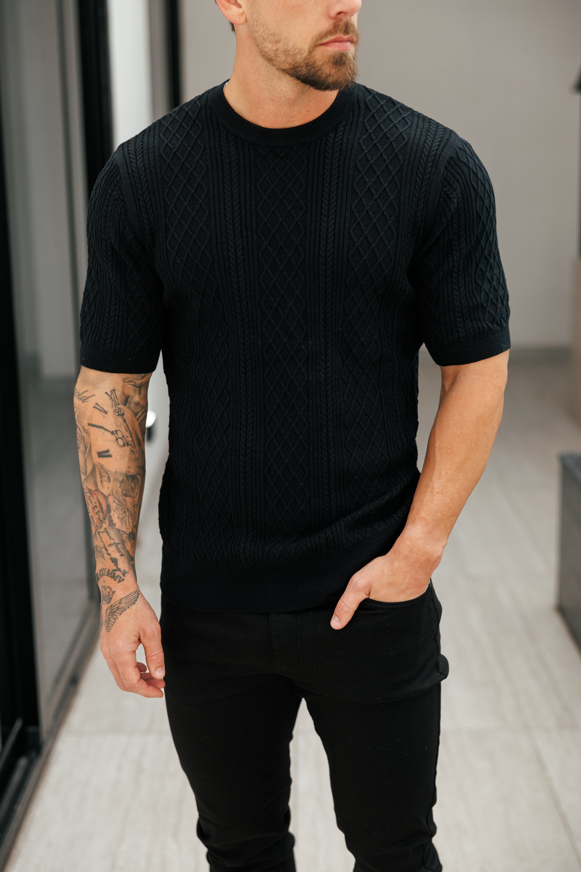 Fine Knit Diamond Black Jumper Short Sleeve - FSA010