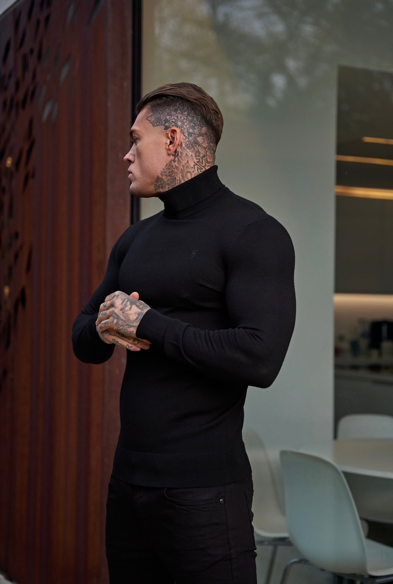 Classic Black Roll Neck Knitted Jumper With Tonal Emblem - FSN135