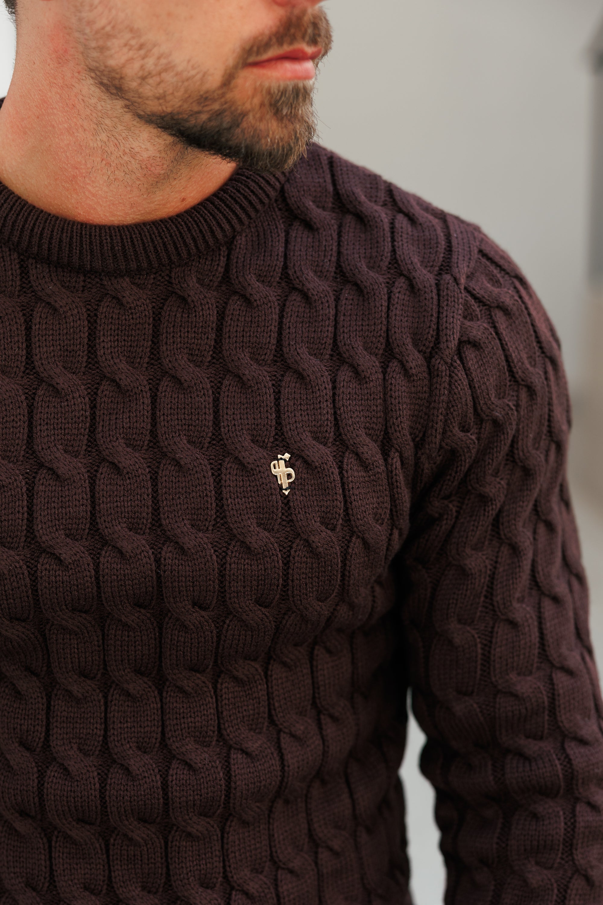 Link Weave Knit Brown Crew Neck Jumper - FSJ141