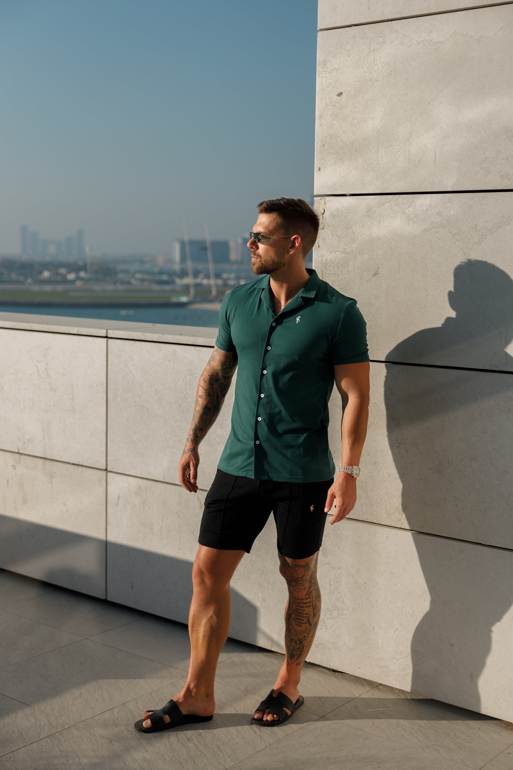 Stretch Green Pique Revere Shirt Short Sleeve - FSH1076