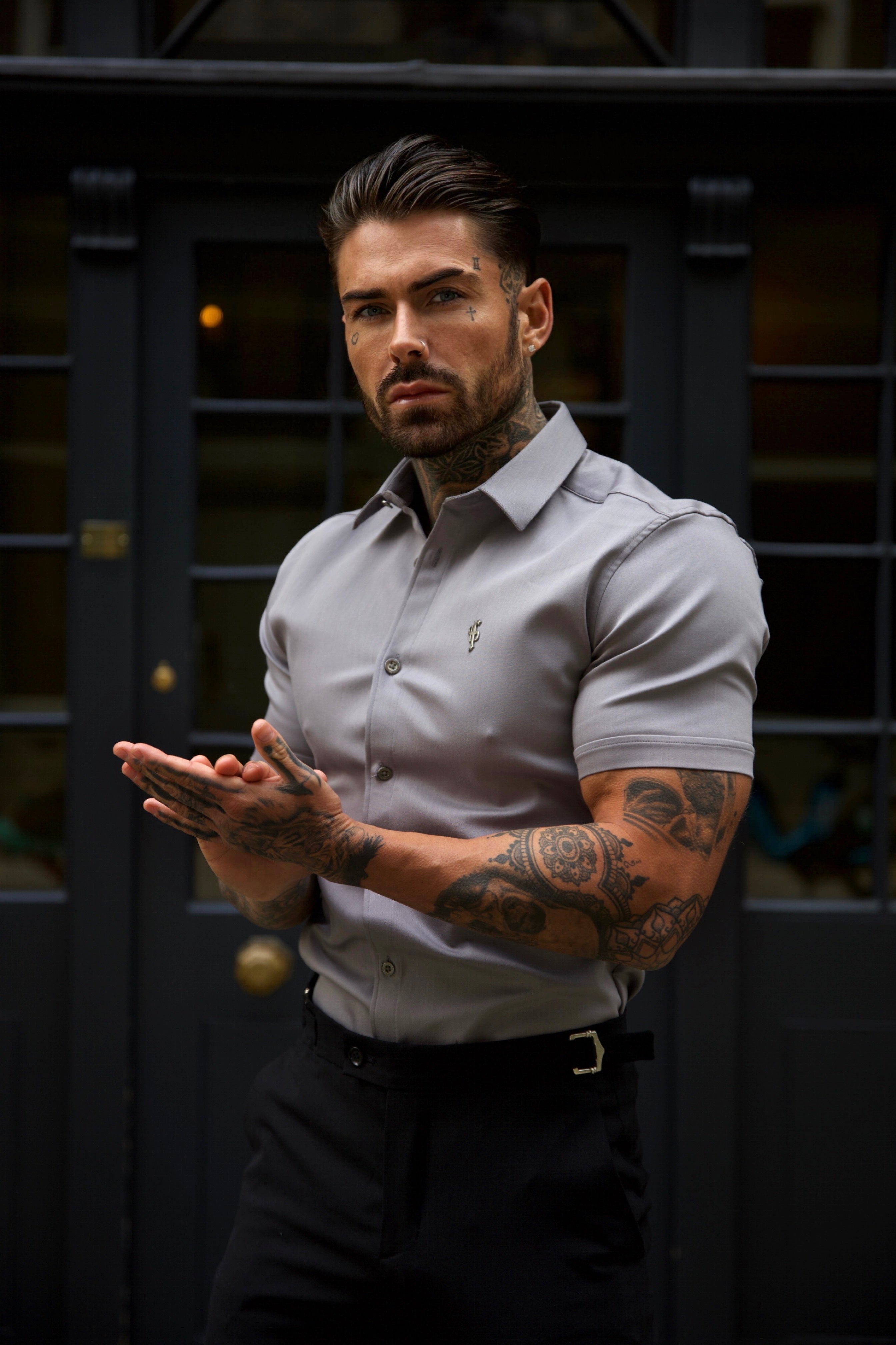 Super Slim Stretch Mid Grey Denim Short Sleeve With Metal Buttons and Decal - FS1023