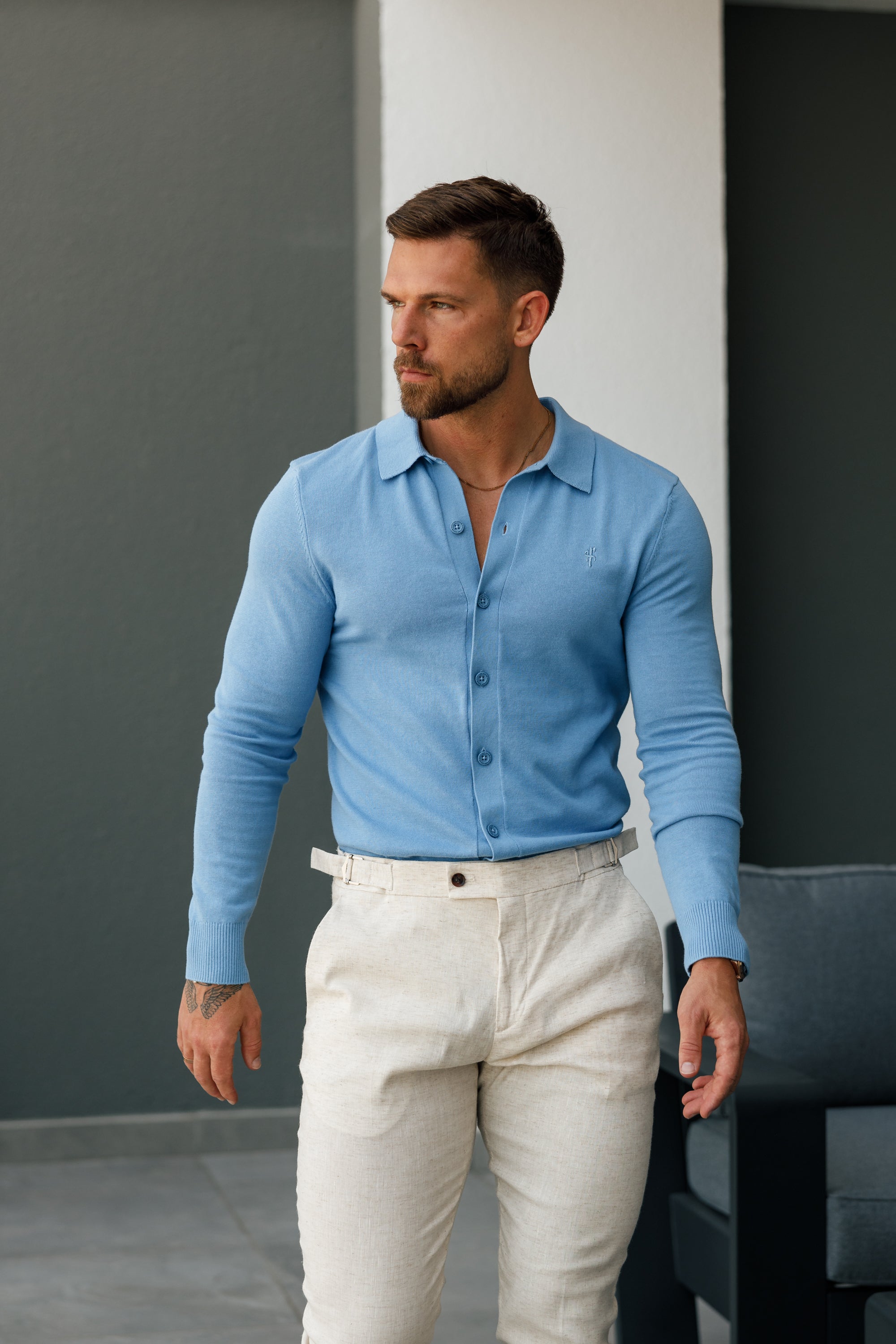 Classic Plain Light Blue Knitted Button Through Polo Long Sleeve - FSN169