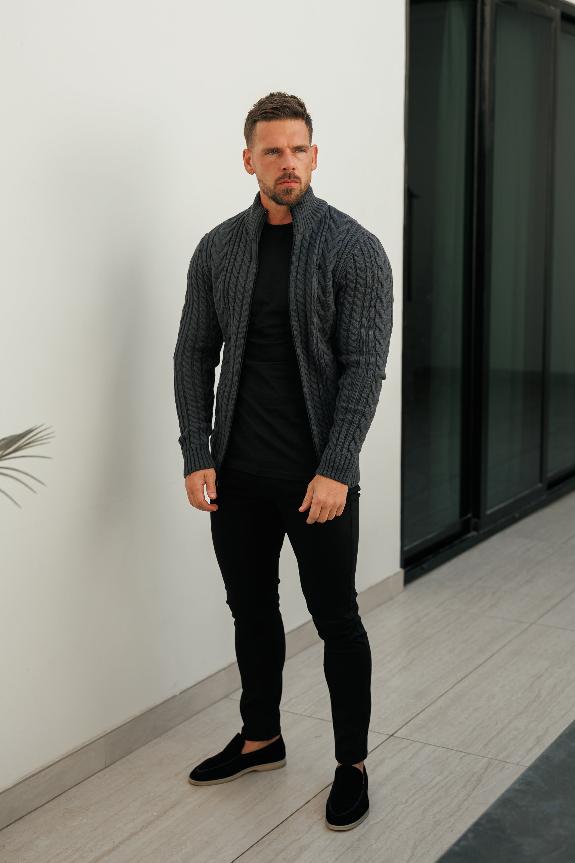 Funnel Neck Full Zip Cardigan Gunpowder -  FSJ147