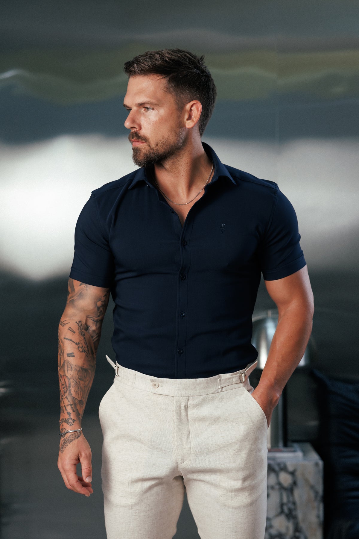 Super Slim Scuba Navy Short Sleeve Stretch with Cutaway Collar - FS1264