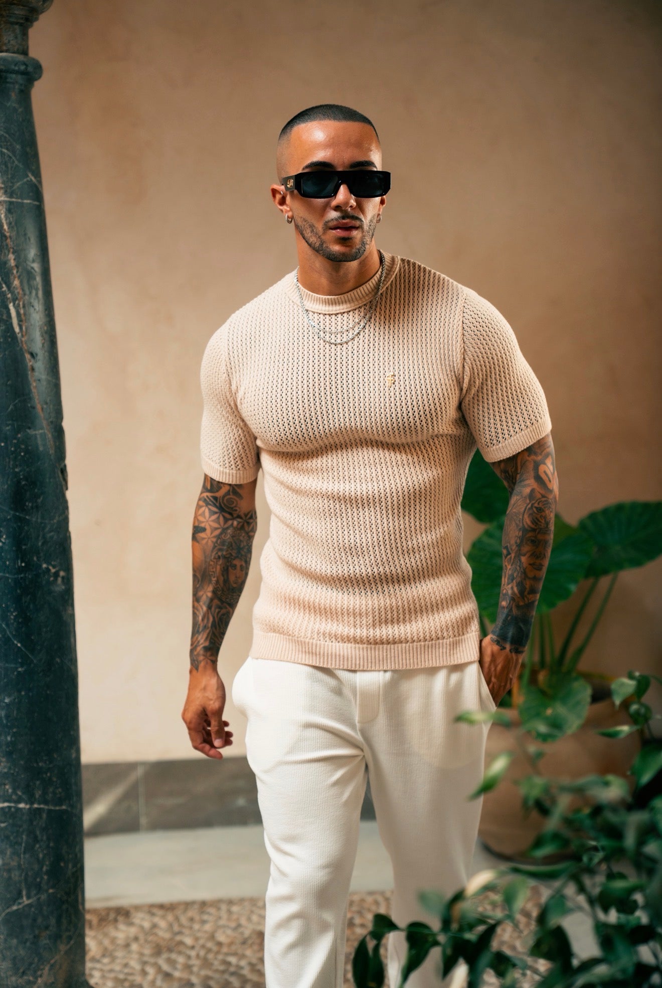 Beige Viscose Plain Knitted Short Sleeve T-Shirt - FSJ186 (PRE ORDER 12TH AUGUST)