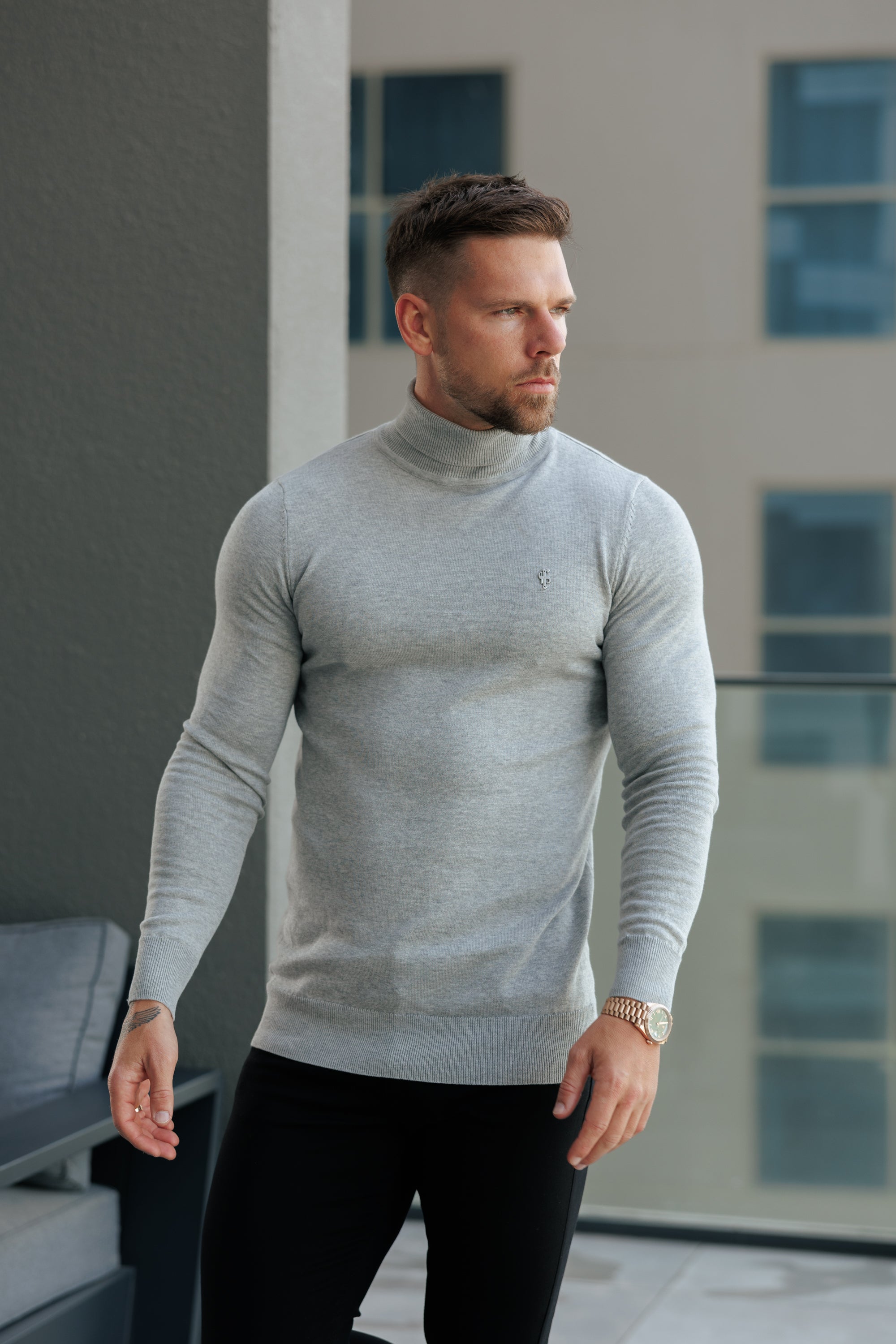Light Grey Roll Neck Knitted Jumper With FS Branding - FSN208