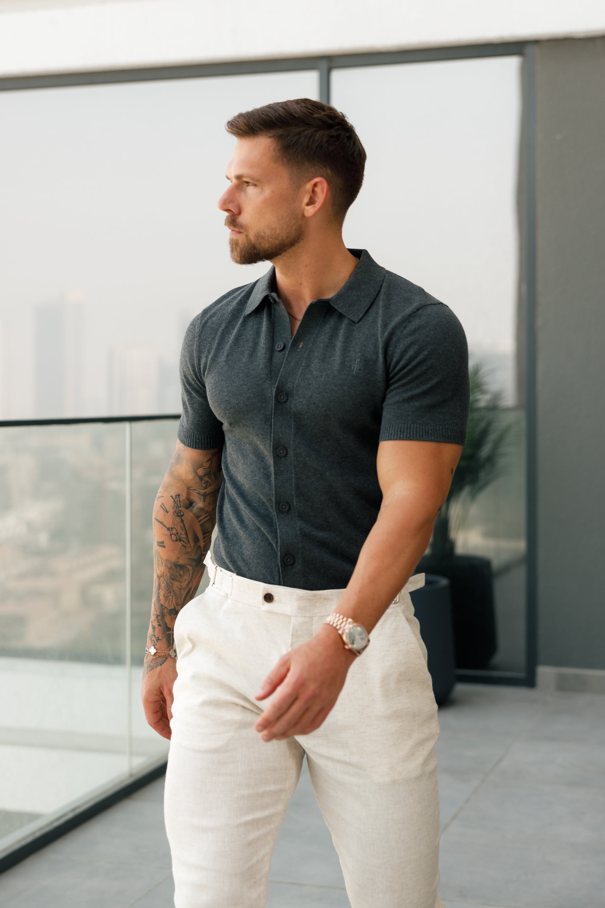 Classic Plain Charcoal Knitted Button Through Polo Short Sleeve - FSN160