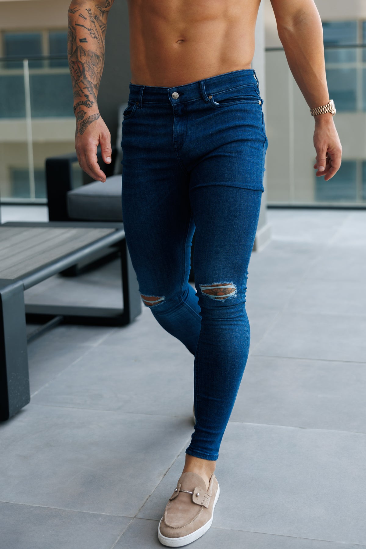 Ultra Stretch Mid Blue Slim Jeans with Knee Rips - FSJEAN011