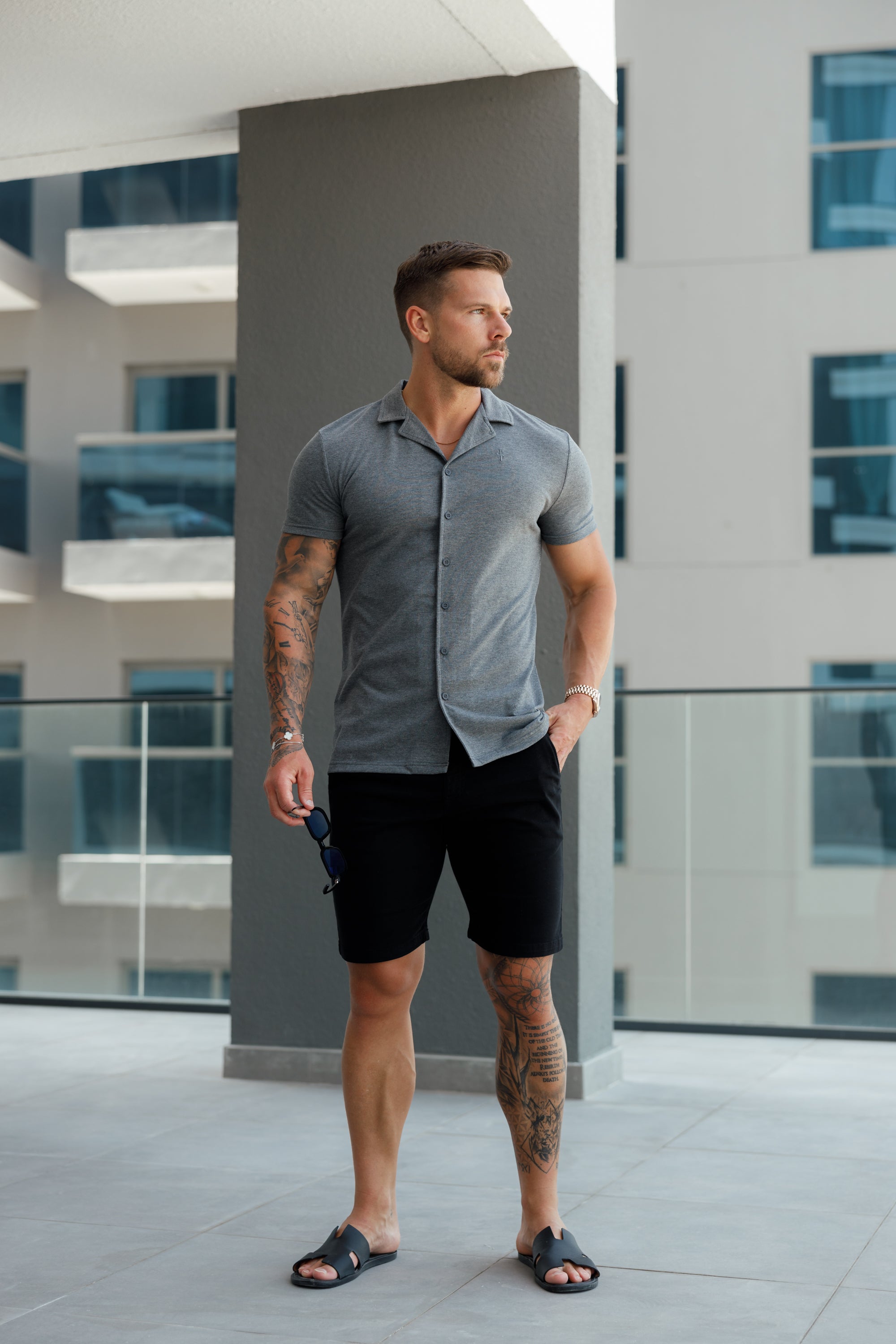 Stretch Dark Grey Pique Revere Shirt Short Sleeve - FSH1073